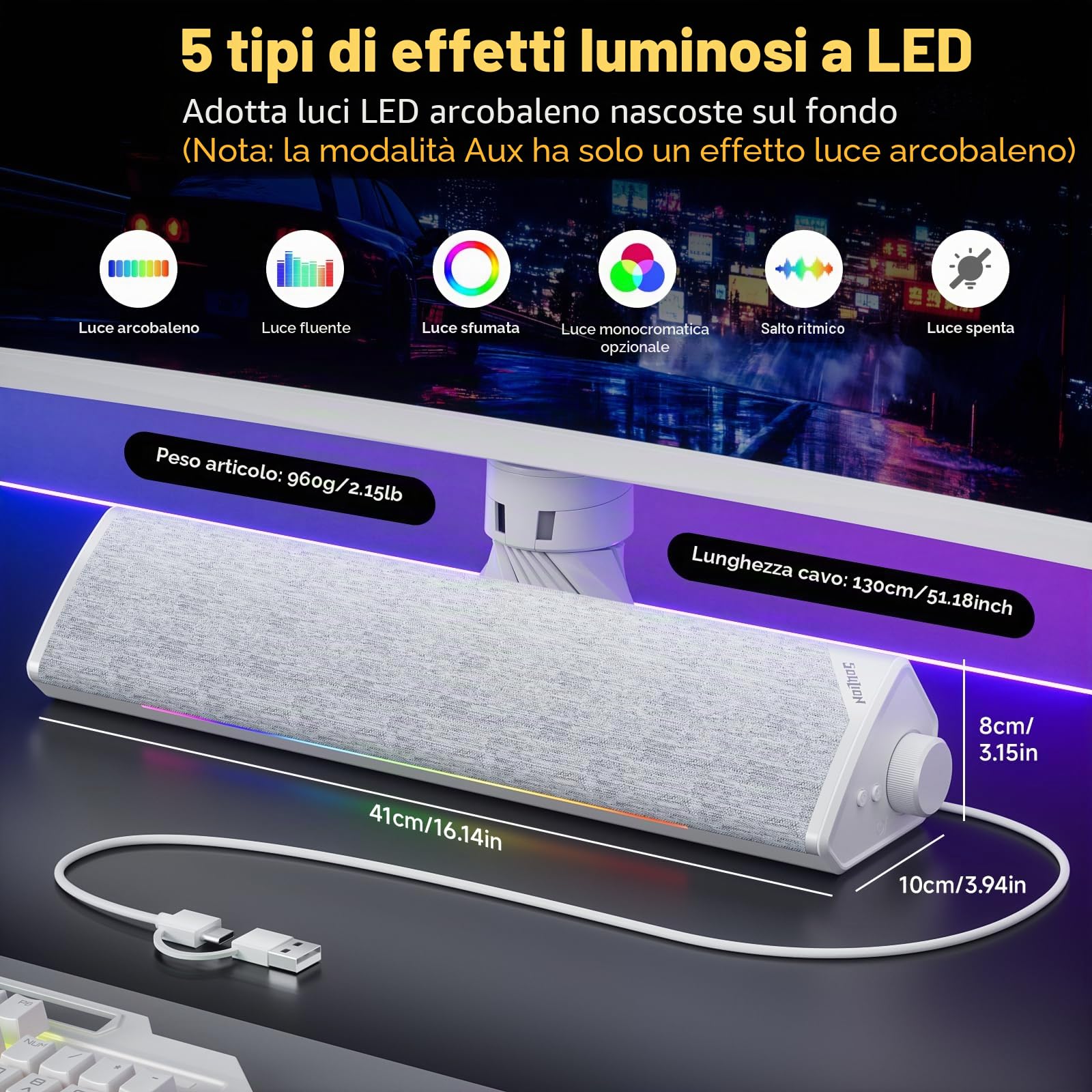 SOULION R60 Casse USB Bluetooth RGB Soundbar Bianco per PC, Portatile, Gaming, Monitor, Altoparlante Stereo 12W, Alimentazioni USB, con Aux Jack 3.5mm, Design del tessuto di moda