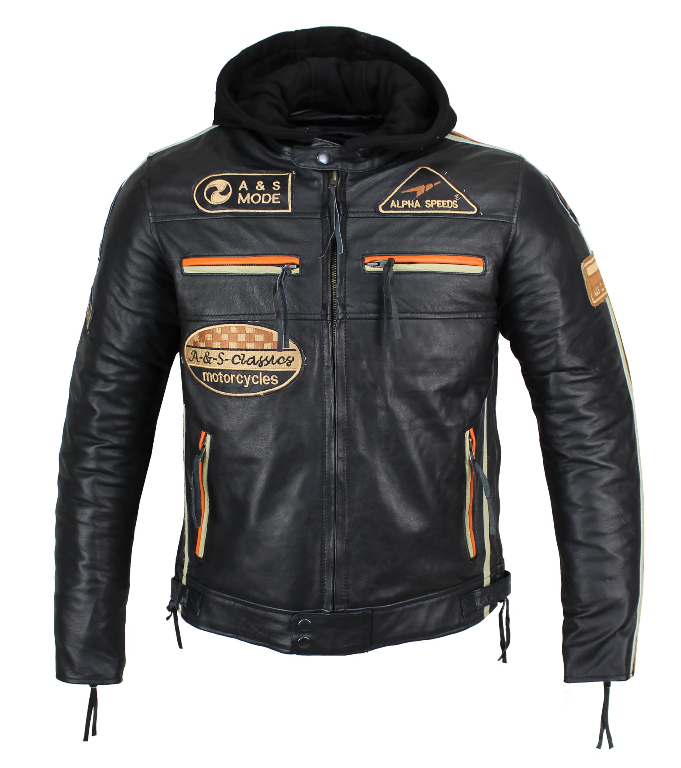 Herren Motorradjacke Lederjacke Biker Jacke mit Protektoren Leder Jacke mit Kapuze Leather Jacket Fashion Jacket Custom