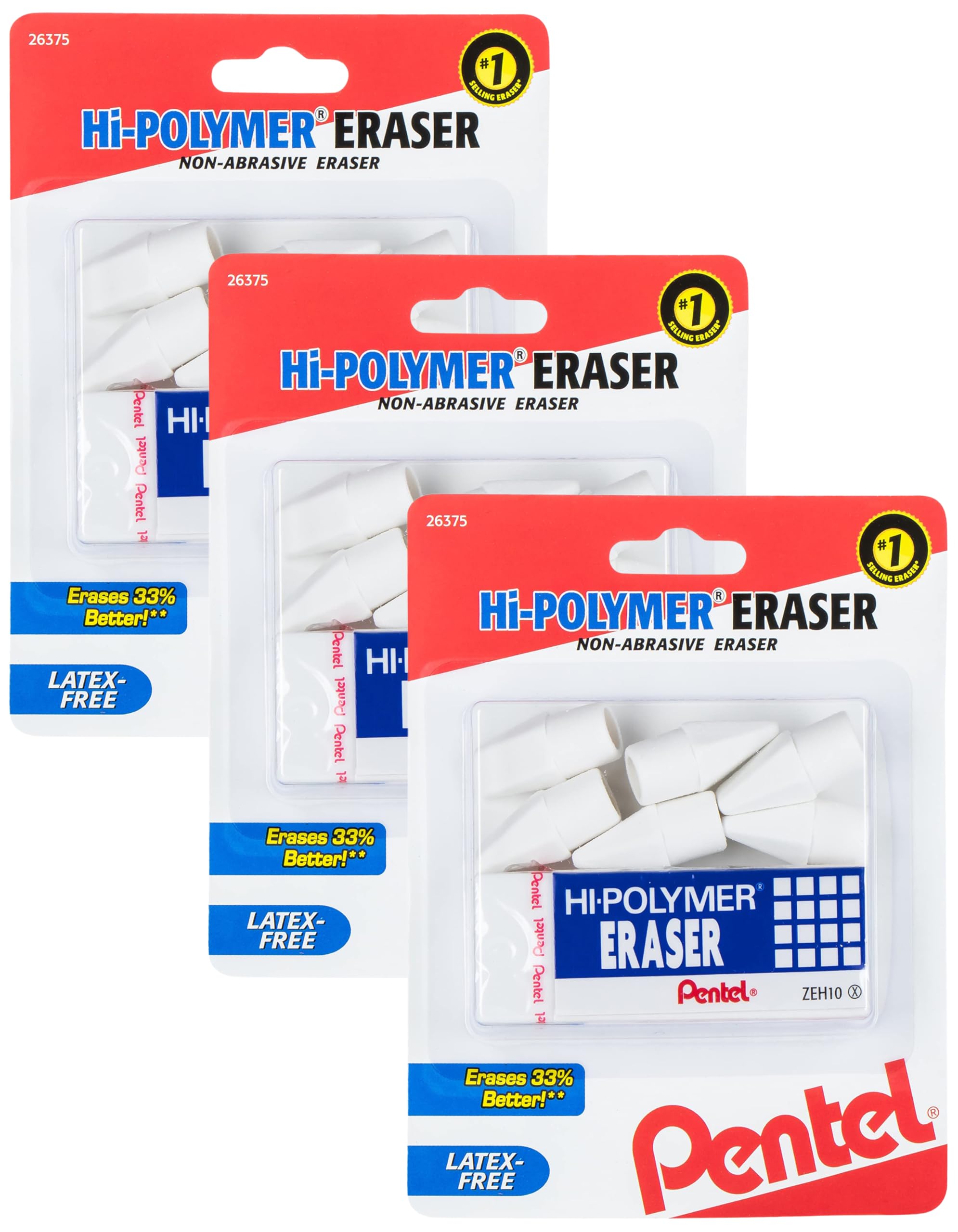 Pentel HI-Polymer Eraser Combo Pack, 6 Caps, 1 Large (ZEH0210BP7) (Pack of 3)
