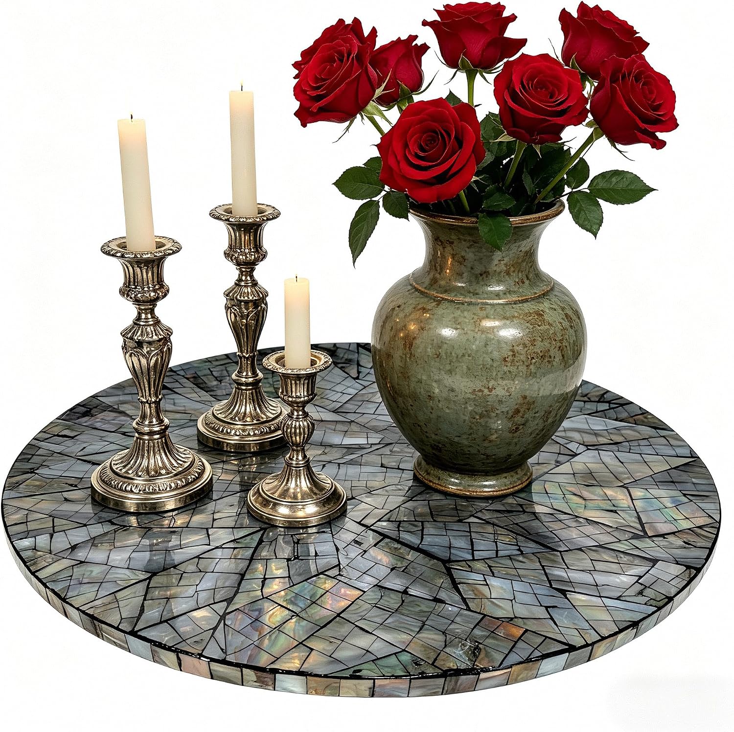 i-lan 18 Inch Mother of Pearl Lazy Susan Turnable Black Mosaik Large Decorative Round Rotating Tray for Dining Table,Cabinet,Countertop,Kitchen and Tabletop.