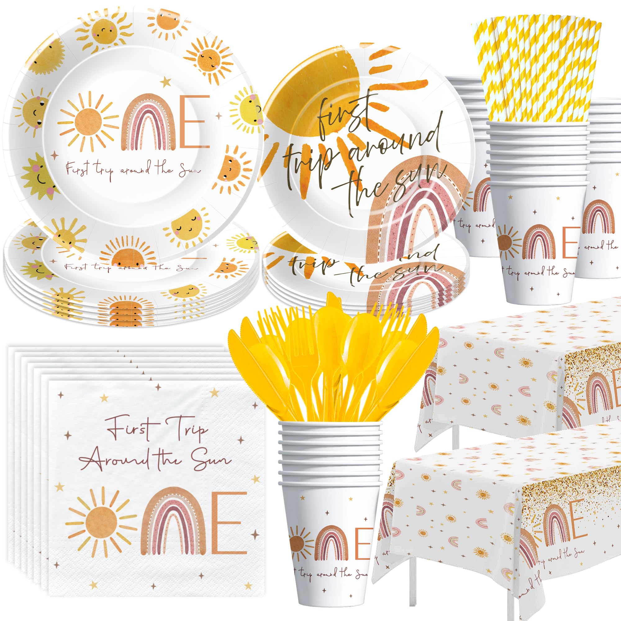 XigejobFirst Trip Around The Sun Birthday Decorations Tableware - Boho Sunshine Sun 1st Birthday Party Supplies, Paper Plate, Cup, Napkin, Tablecloth, Disposable Cutlery | Serves 24