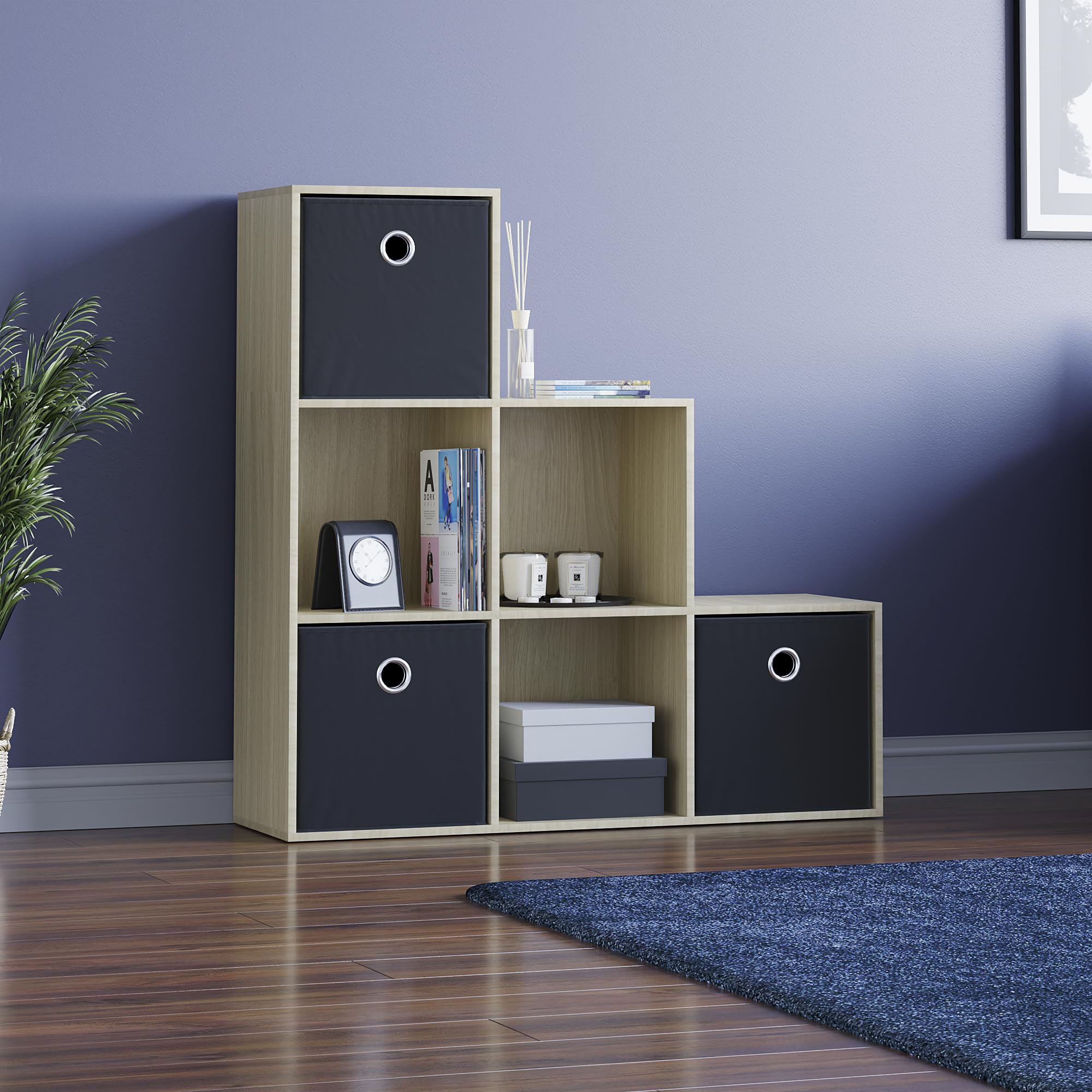 Vida Designs Durham Staircase Bookcase Shelves Storage Organiser Living Room Furniture (6 Cube & 3 Black Baskets, Oak) — image 1
