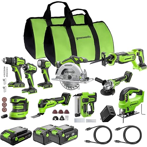Greenworks 24V Brushless 10PC Power Tool Combo, Drill+Impact Driver+Circular Saw+Recip Saw+Jig Saw+Sander+Light+Multi-Tool+Nailer+Grinder (2) 4.0Ah+2.0Ah Batteries (24,000mAh Power Bank) USB-C Charger