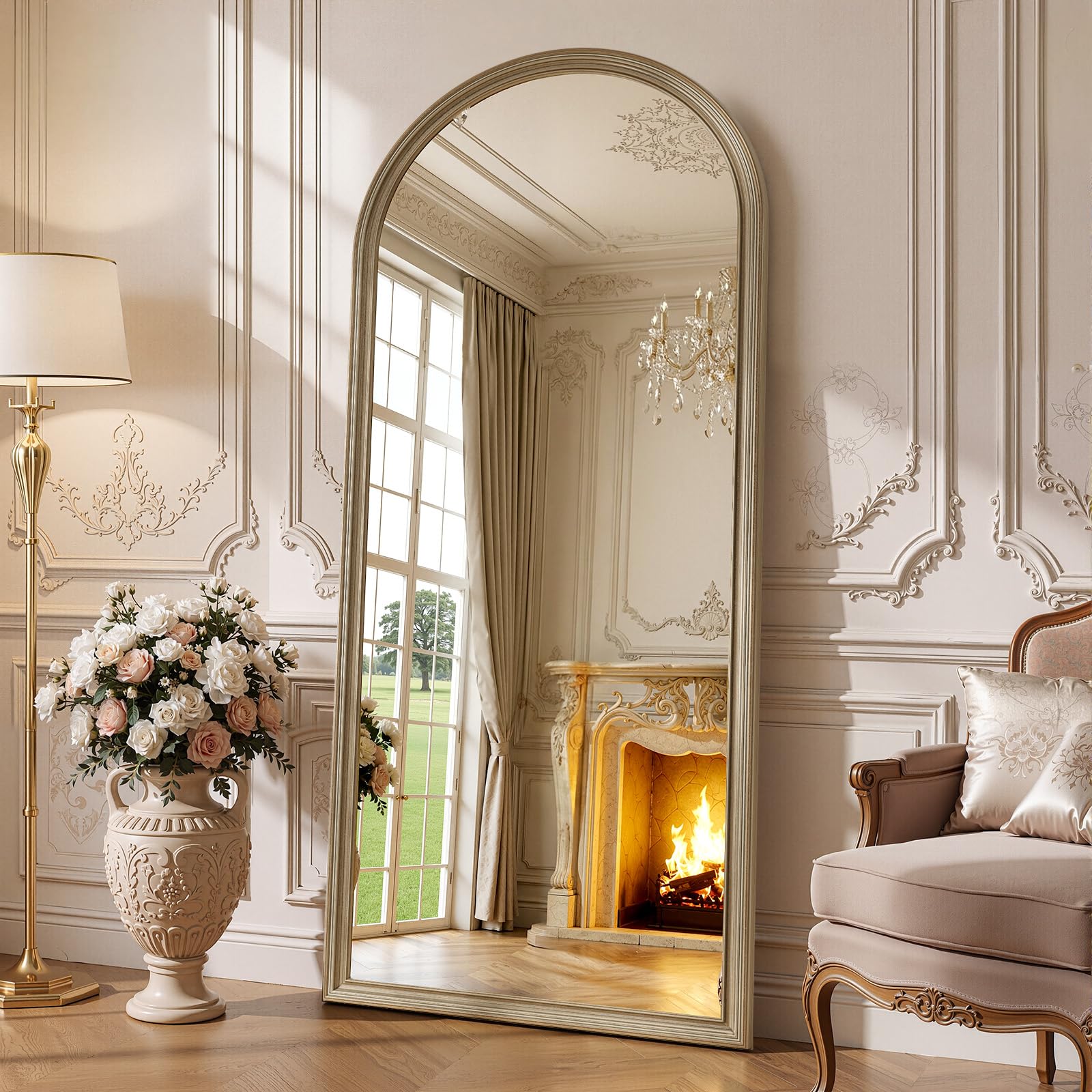 Photo 1 of 71"x32" Elegant Vintage Arched Full Length Mirror with Stand, Luxury Large Full Body Mirror with Tempered Glass, Leaning Wall Mount Floor Standing Mirrors for Living Room Bedroom Entryway Outfit Check