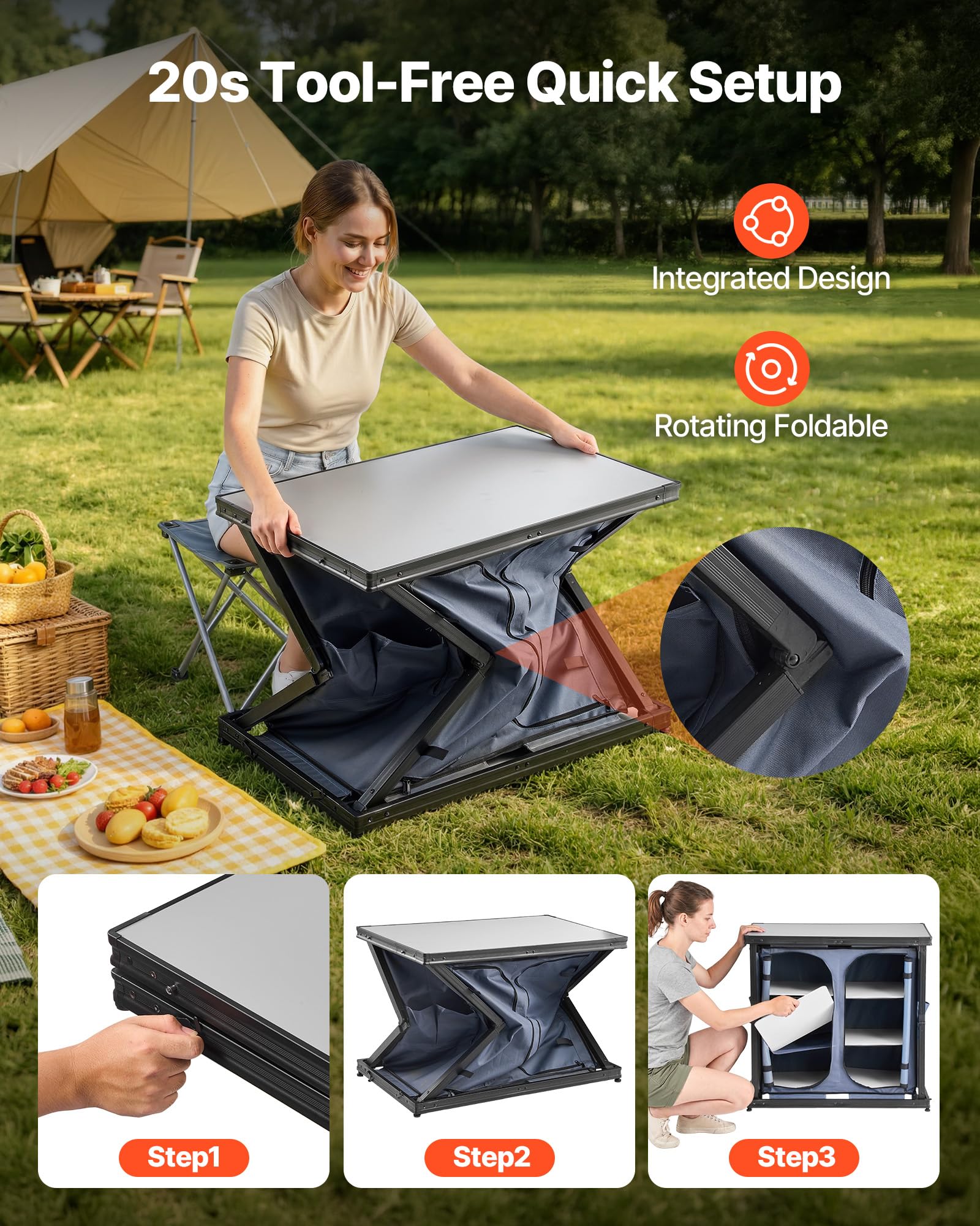 VEVOR Klappbare Campingküche, Tragbarer Campingschrank mit 6 Ablagefächern, Außentasche & MDF-Tischplatte bis 30 kg Tragkraft, Küchenstation für Picknick, Grillen, Partys, Camping & Wohnmobilreisen