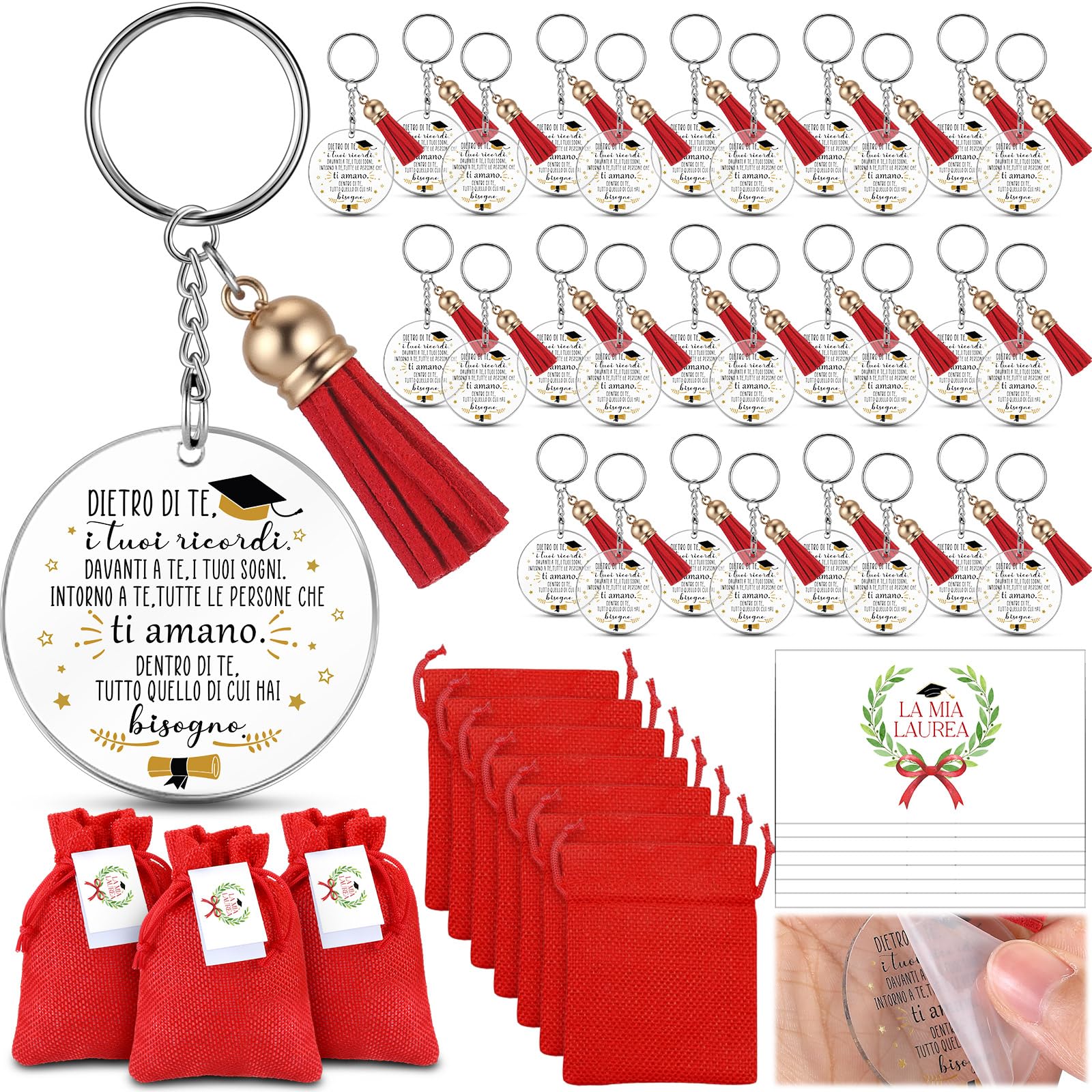 Jadive 30 Sets Bomboniere Laurea Ciondolo Bigliettini Bomboniere Portachiavi con Nappa, Sacchetti Portaconfetti Laurea, Confetti Rossi, Bigliettini con Diploma Corona d'Alloro, Regalo Festa Cerimonia