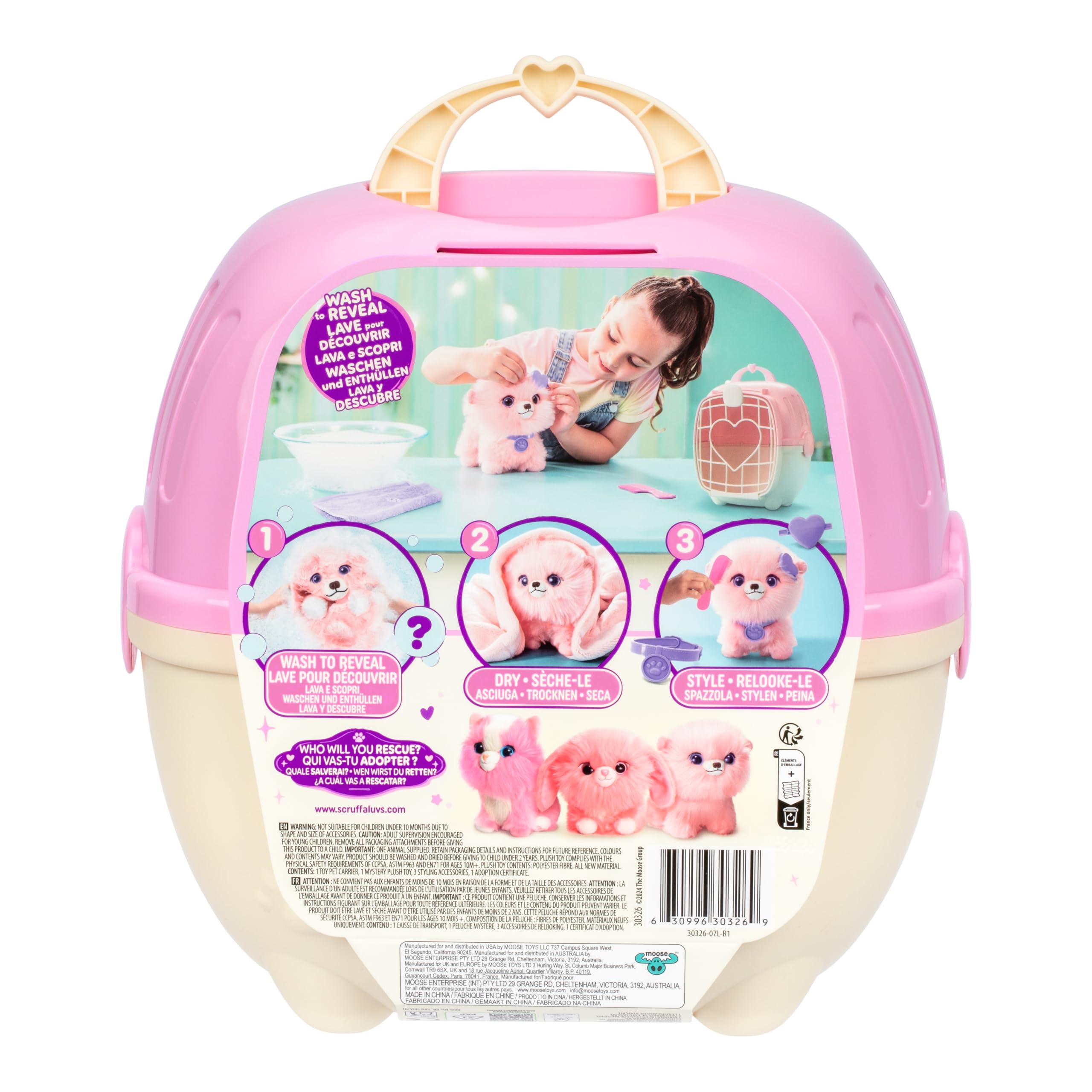 SCRUFFALUVS Little Live Pets Scruff Mascota Rosa - Peluche Sorpresa, 19 cm - Lava para Descubrir 1 de 3 Mascotas rescatadas: Perrito, Conejito o Gatito - Incluye un transportín Deluxe de 22 cm