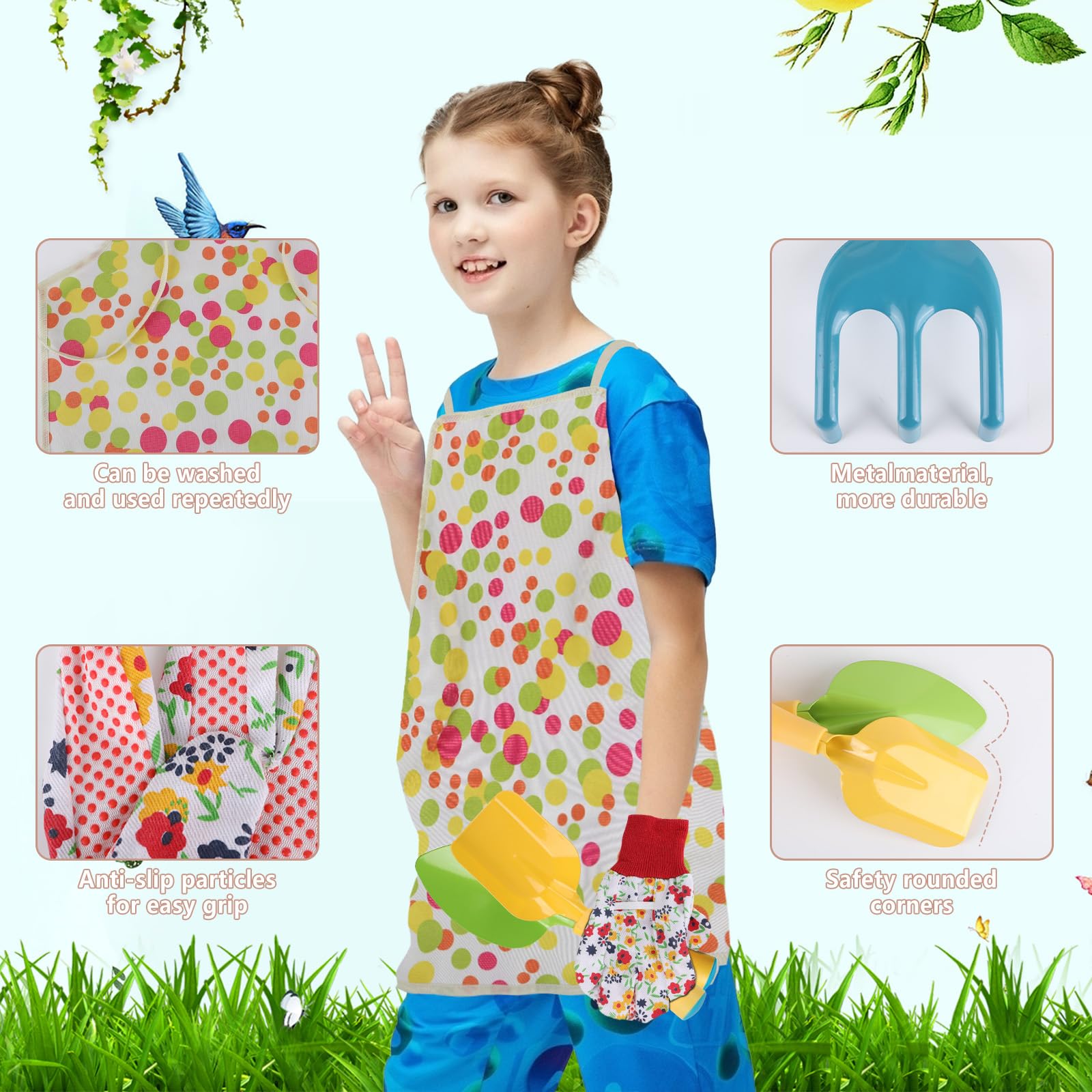 Juego de jardinería para niños, herramientas de jardinería para niños con regadera, pala, rastrillo, guantes, delantal impermeable y bolsa de almacenamiento, herramienta de jardín para niños 5