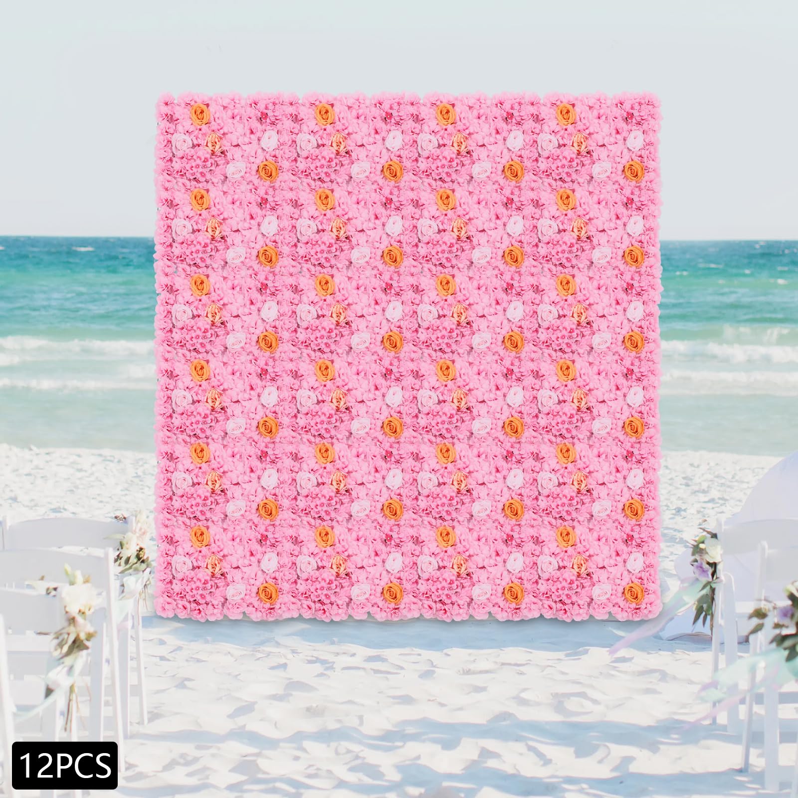 Künstliche Blumenwand 12-teilig, Blumen Wandpaneel 60x40cm aus Seide für Garten Balkon Dekoration, Realistische Kunstblumen für Hochzeit Party Wohnzimmer, DIY Deko Set Rosa Champagne