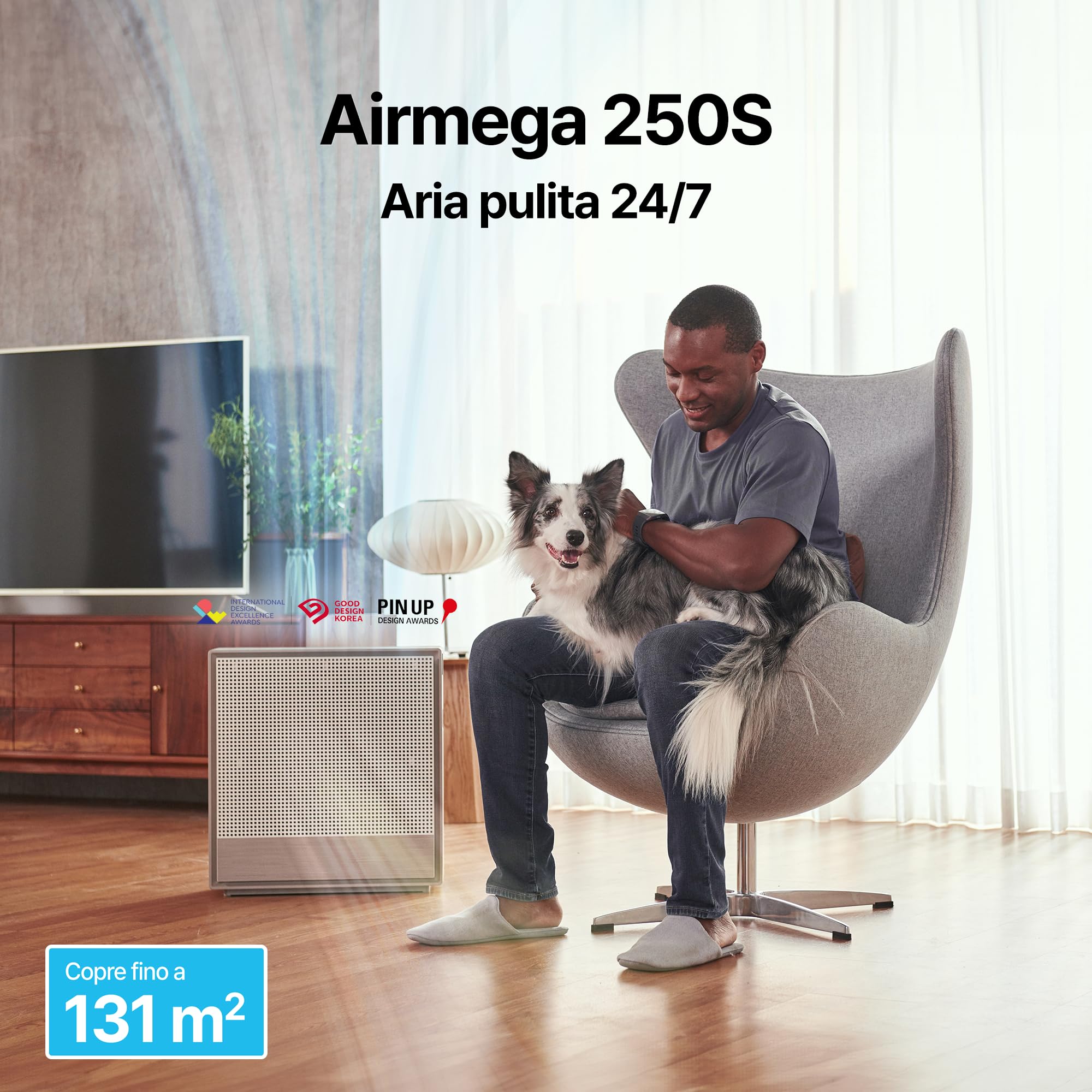 COWAY AIRMEGA 250S WLAN, purificatore d'aria fino a 131 m², tecnologia GreenHEPA™, rimuove il 99,999% di tutte le particelle, virus, batteri, aerosol fino a 0,01 µm*, funzione timer