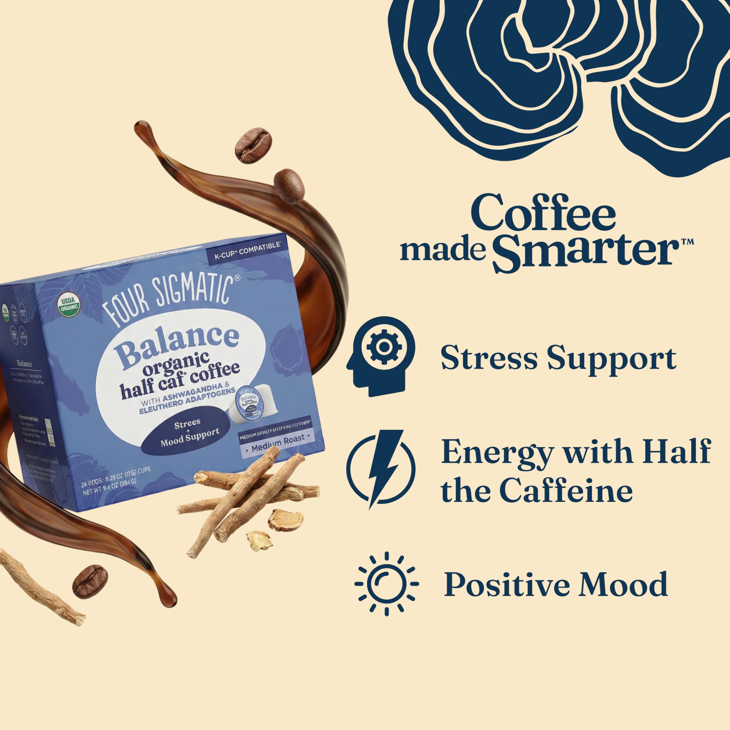 Four Sigma Foods Four Sigmatic Adaptogen - Café molido de tostado medio con Ashwagandha Chaga y Tulsi apoyo inmunológico y alivio del estrés ceto, 24 unidades