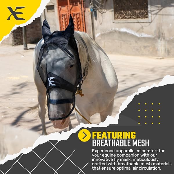 XE Maschera per Mosche per Cavalli con Orecchie-Maschera per Cavalli a Pieno Facciale e Naso in Rete Traspirante per Protezione UV e Mosche Equine (Full Black Mask, Pony (S)) - 4