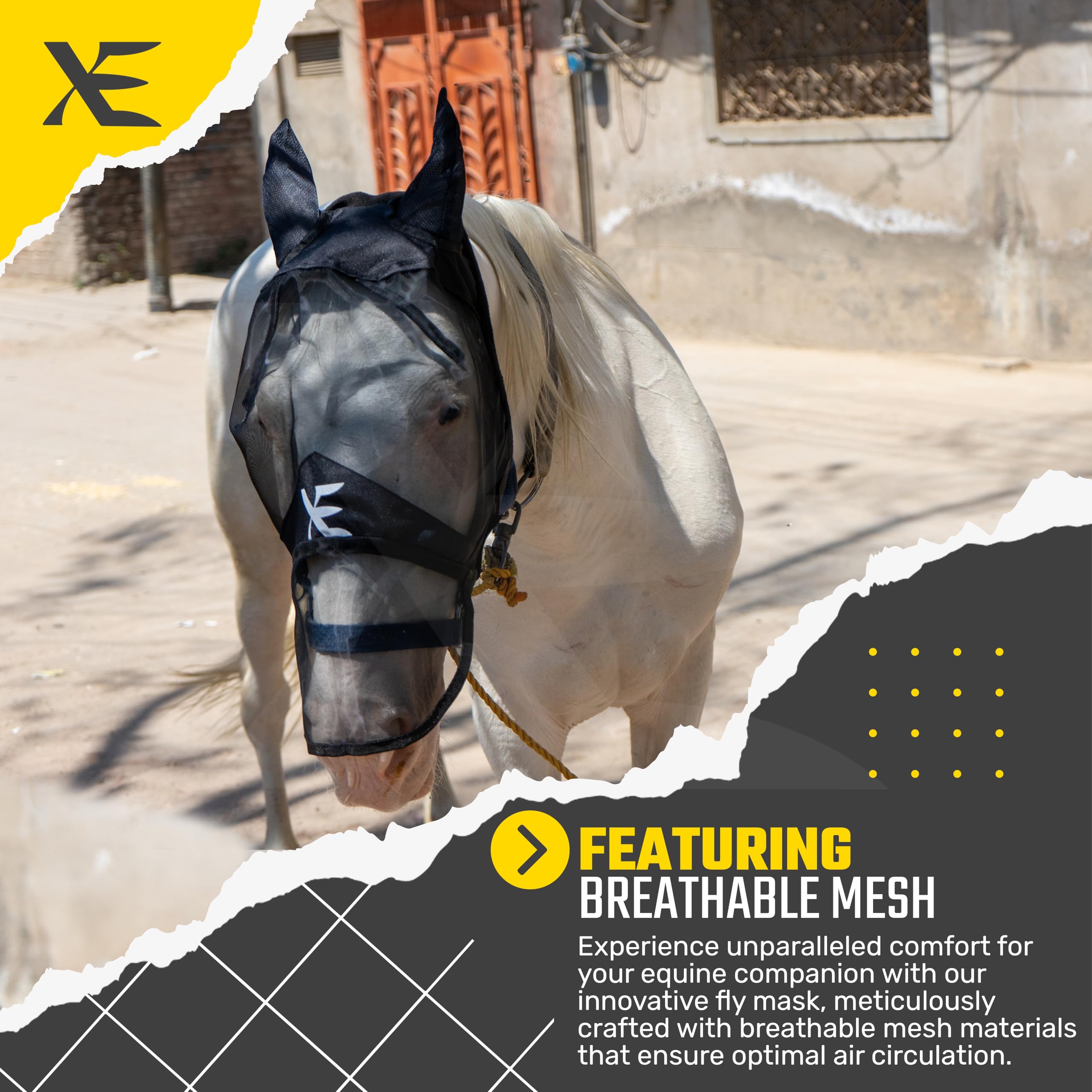 XE Maschera per Mosche per Cavalli con Orecchie-Maschera per Cavalli a Pieno Facciale e Naso in Rete Traspirante per Protezione UV e Mosche Equine (Full Black Mask, Cob (M))