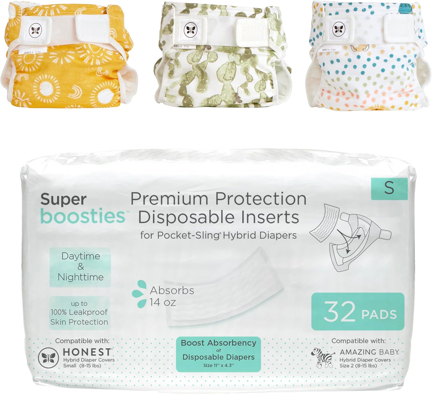 Super Boosties 32ct + Honest Hybrid Cloth Diaper Cover with Pocket-Sling, Small (8-15 lbs), Stops Nighttime Leaks, Boosties Disposable Diaper Inserts, Honest Cotton Muslin Covers, 3 Pack, Starter Kit