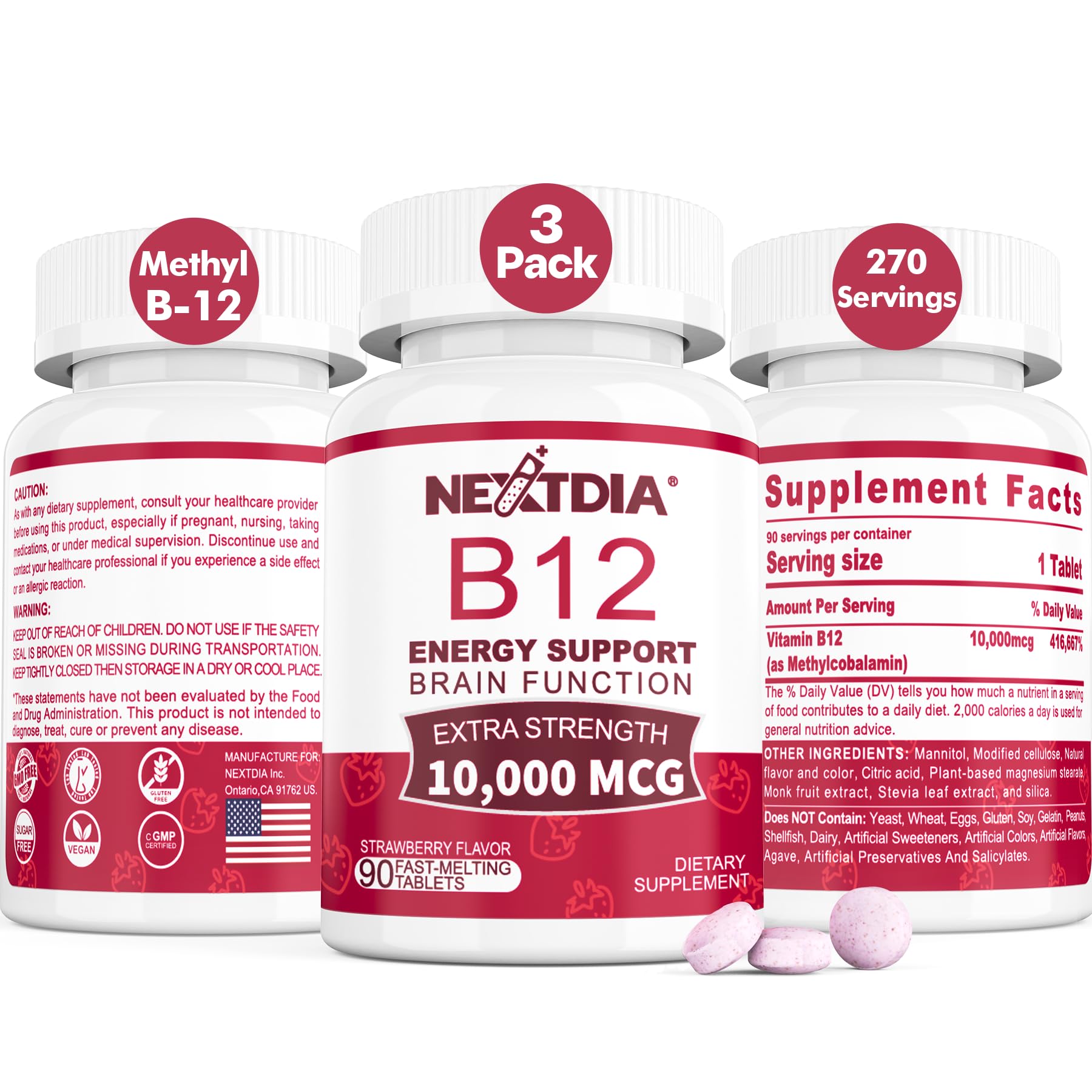 Vitamin B12 10,000 mcg Sublingual, Methylcobalamin, Sugar Free,270 Servings 90 Count (Pack of 3)