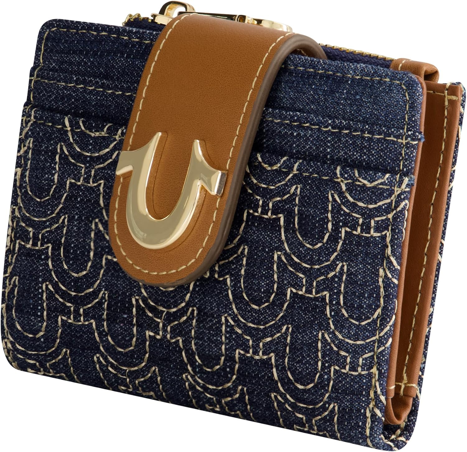 True Religion Women's Mini Wallet, Horseshoe Logo Small Compact Clutch Purse, Dark Denim, One Size