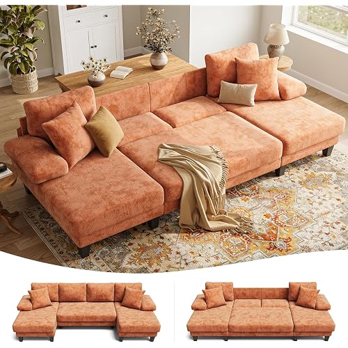 Txtin's Sleeper Sofa with Pull Out Couch Bed | 112 Inch Couches for Living Room | U-Shaped Convertible Sofa Bed | Chenille Orange