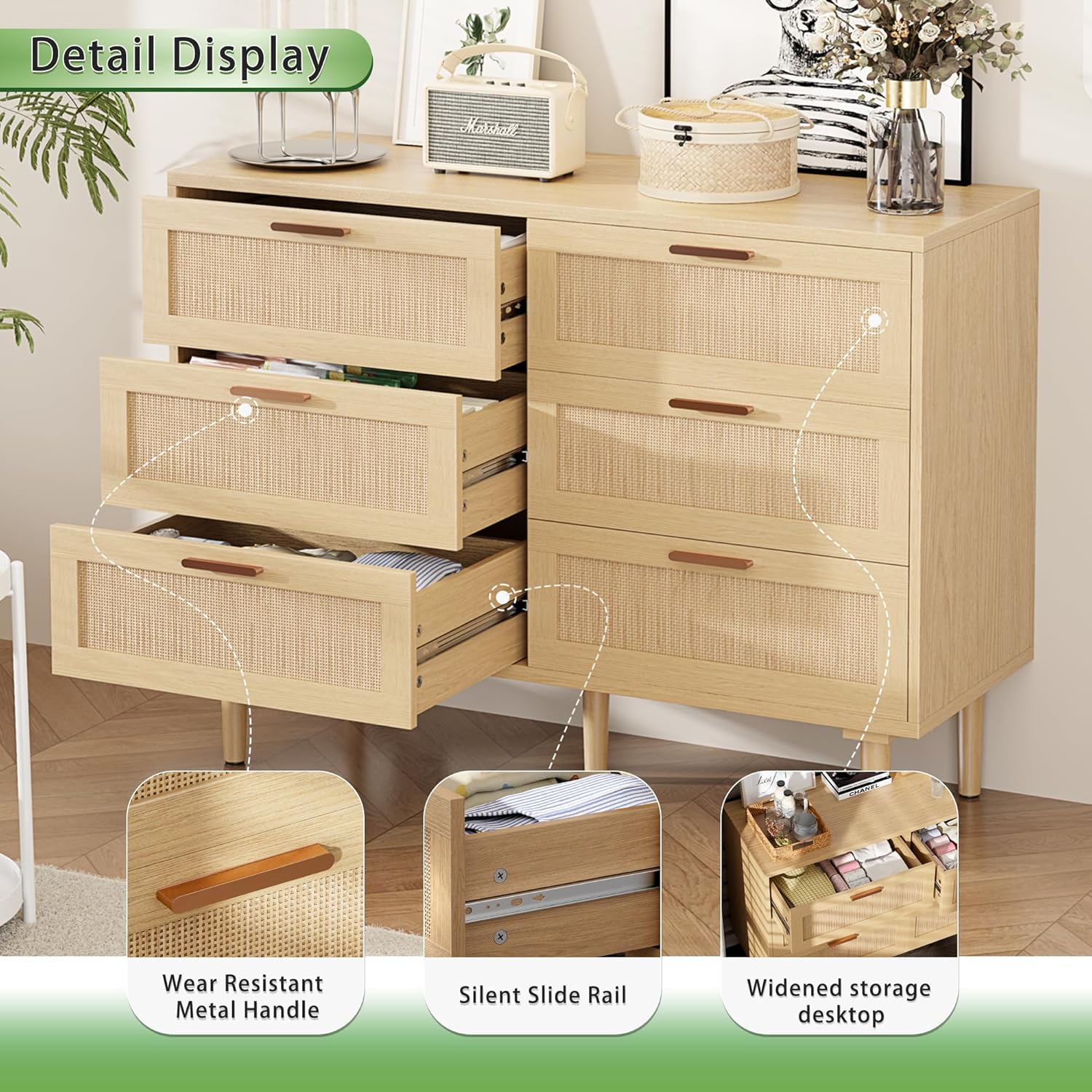 Greenvelly Rattan Dresser, 6 Drawer Double Dressers for Bedroom, Boho Wooden Dressers with Handles for Bedroom, Chest Light Brown Dresser for Bedroom, Closet, Living Room, Hallway and Entryway