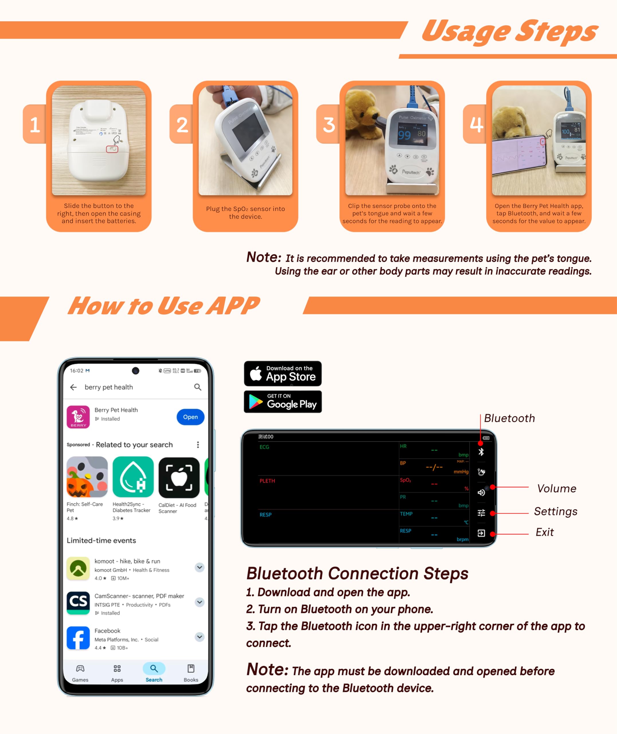 Kostenlose App-Datenspeicherung Veterinär-Handheld AM1000A-Vet Blutsauerstoffsättigung und Pulsfrequenz Zunge Sonde Haustiere mit Bluetooth