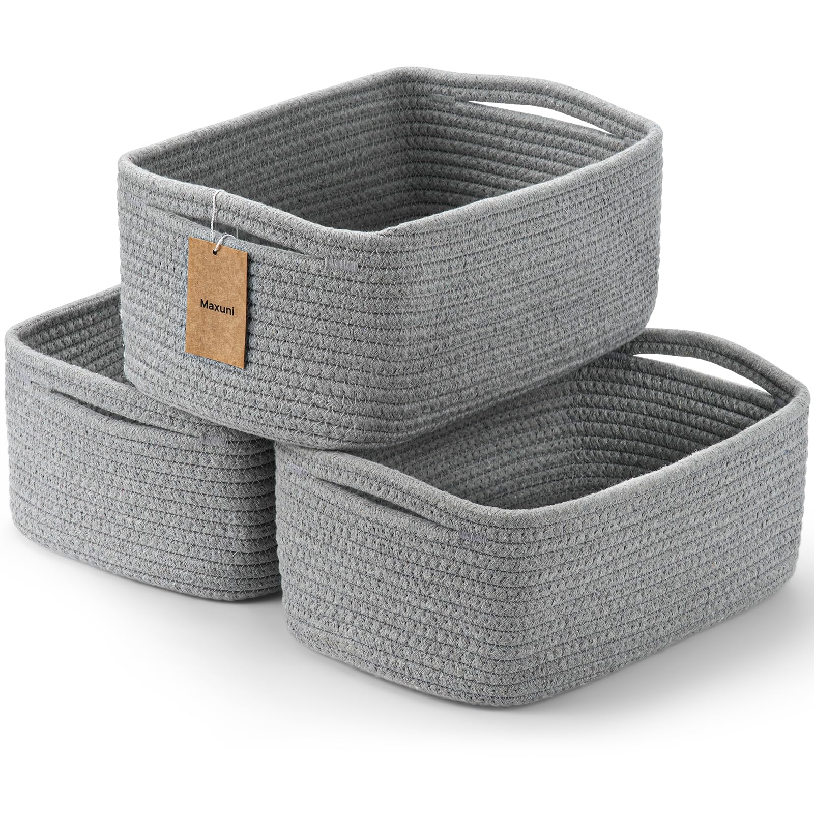 Maxuni 3-Pcs Shelf Baskets for Organizing, Closet Organizer Bins, Small Woven Baskets, Rope Toy Basket, Storage Basket for Shelves, Cube Decorative Box, 11.8×7.8×5.1”, Grey