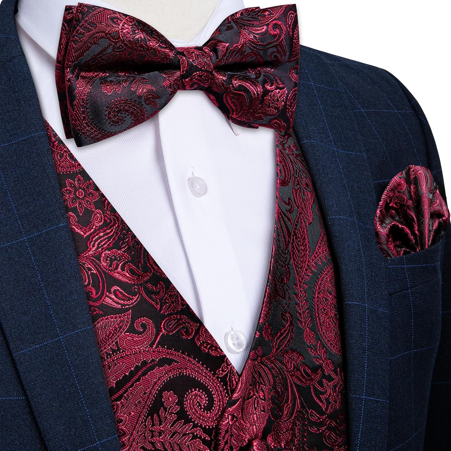 DiBanGu Mens Paisley Suit Waistcoat,Silk Dress Vest and Bowtie Pocket Square Cufflinks with Lapel Pin Set for Wedding Tuxedo