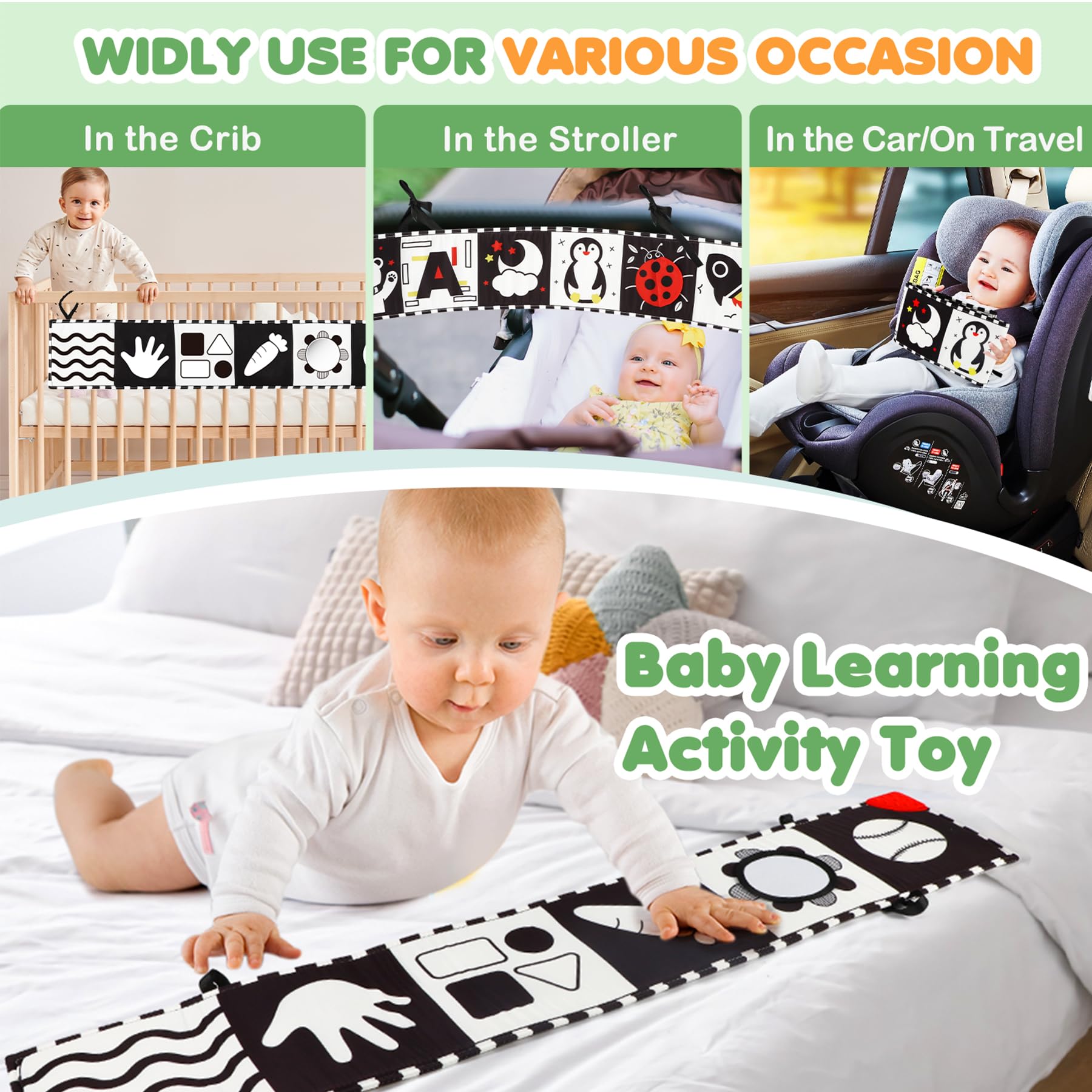Juguetes para bebés de alto contraste para recién nacidos, tiempo boca abajo, juguetes para bebés en blanco y negro para 0-3-6-12 meses, libro sensorial de estimulación visual Montessori suave 7