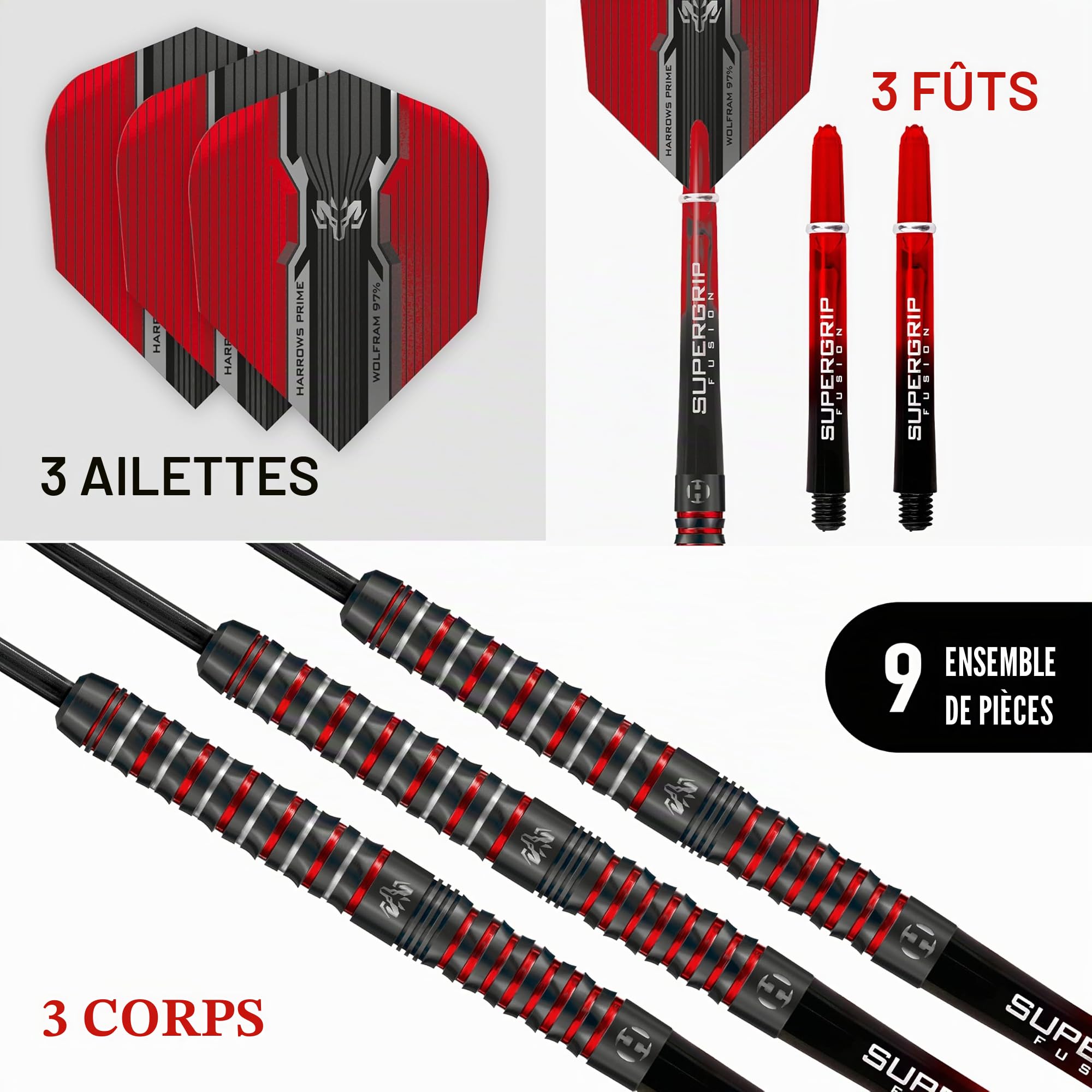 Harrows Wolfram Infinity Jeu de fléchettes en tungstène avec Pointe en Acier – 97% tungstène – 21 g, 22 g, 23 g, 24 g, 25 g, 26 g – Comprend des tiges Fusion Supergrip et ailettes Prime