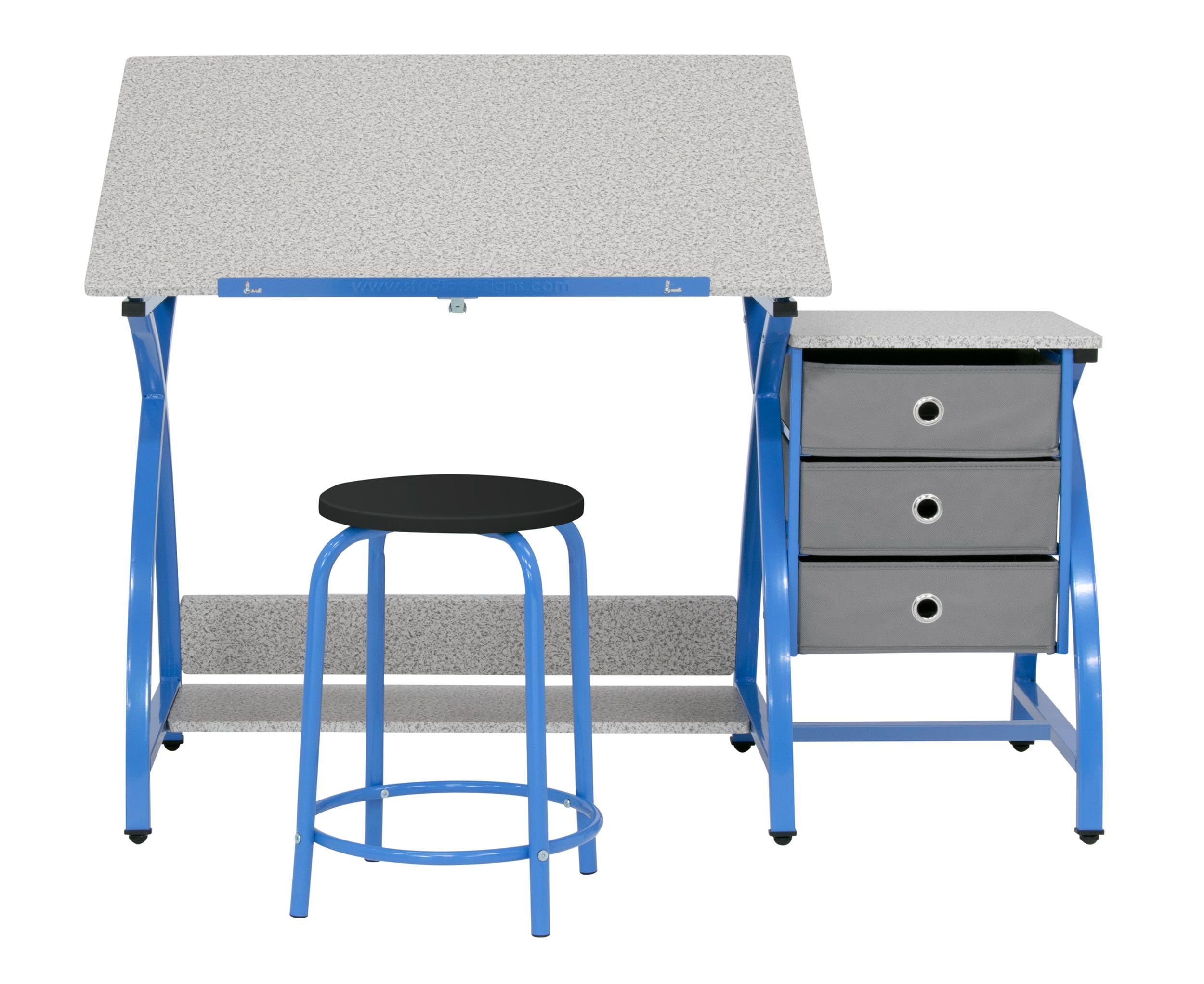 SD STUDIO DESIGNS Comet Center Plus, Craft Table and Matching Stool Set with Storage and Adjustable Top, Blue/Spatter Gray, 50x23.75x29.5 inches, 2 Piece