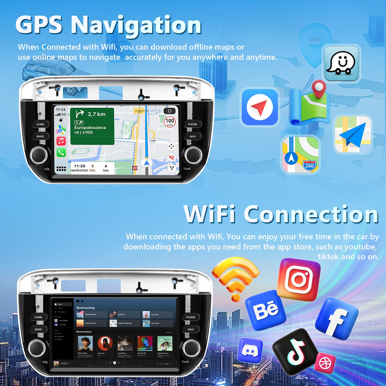 Carplay Autoradio per Fiat Punto 2012-2015 con Wireless Android Auto 2G+64G, Bluetooth Car Stereo Schermo con GPS Navigation 5G WiFi RDS/FM SWC USB Mirror Link +Canbus+AHD/CVBS Telecamera