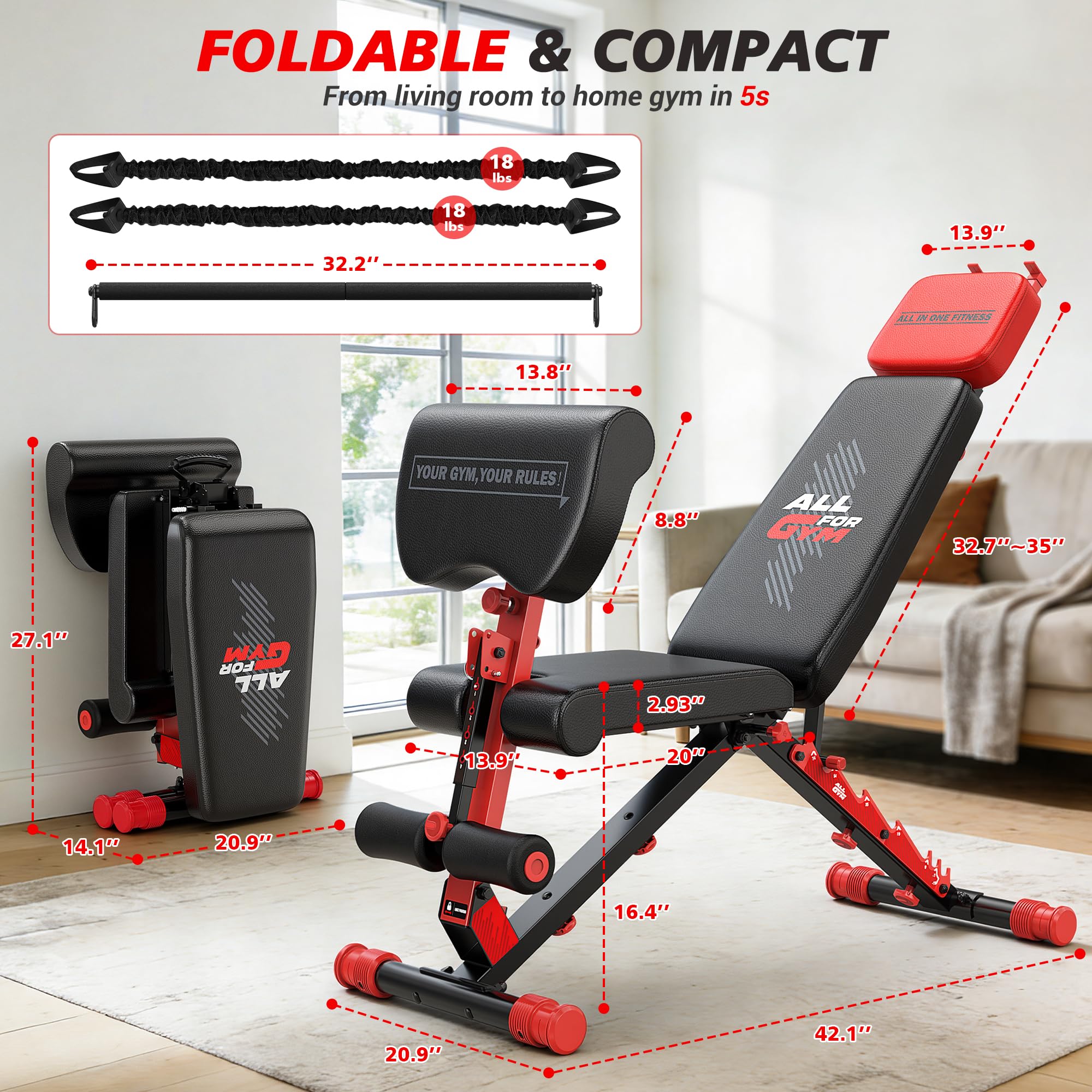 Workout Bench, Foldable Weight Bench with Variable Resistance Training Set, 880LBS Adjustable Bench with Leg Extension, Preacher Curl, Extended Headrest, Incline Decline Flat Bench for Strength Training