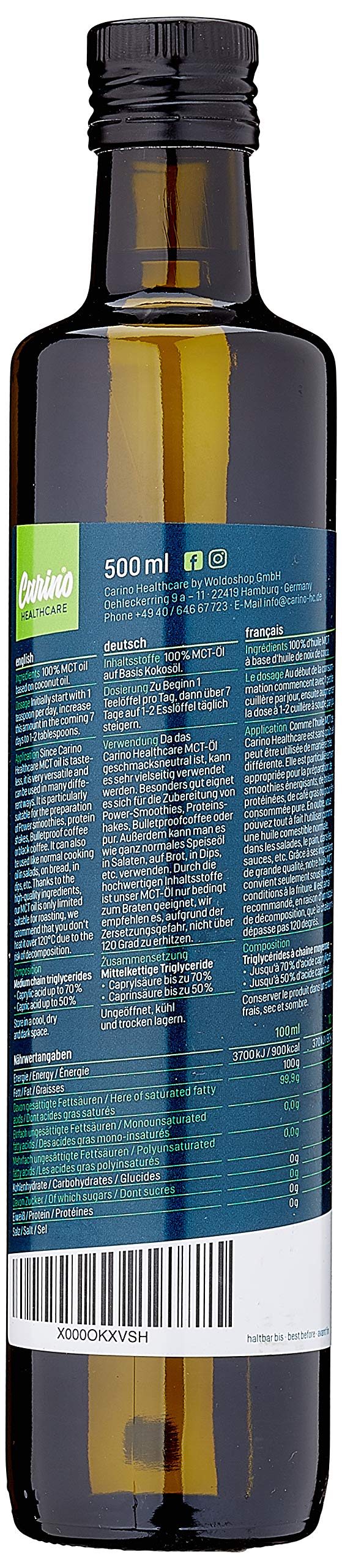 MCT-Öl aus 100% Kokosöl für Bulletproof-Coffee & Ketogene-Ernährung Vegan - 500ml Kokosnussöl neutral im Geschmack und Geruch, Caprinsäure C-10, Caprylsäure C-8