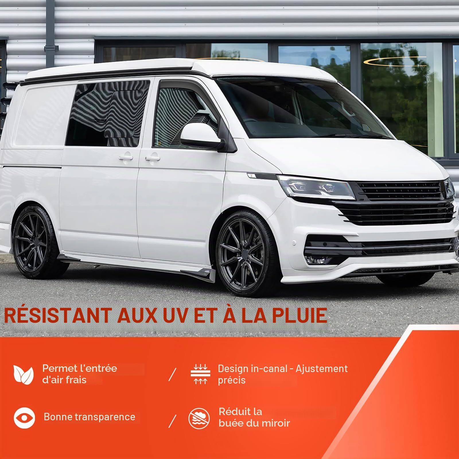 GEARMONSTER Lot de 2 déflecteurs d'air compatibles avec Volkswagen T5 2003-2015 & T6 à partir de 2016 Fenêtre de voiture Protection contre la pluie Déflecteurs de pluie intégrés Déflecteurs d'air