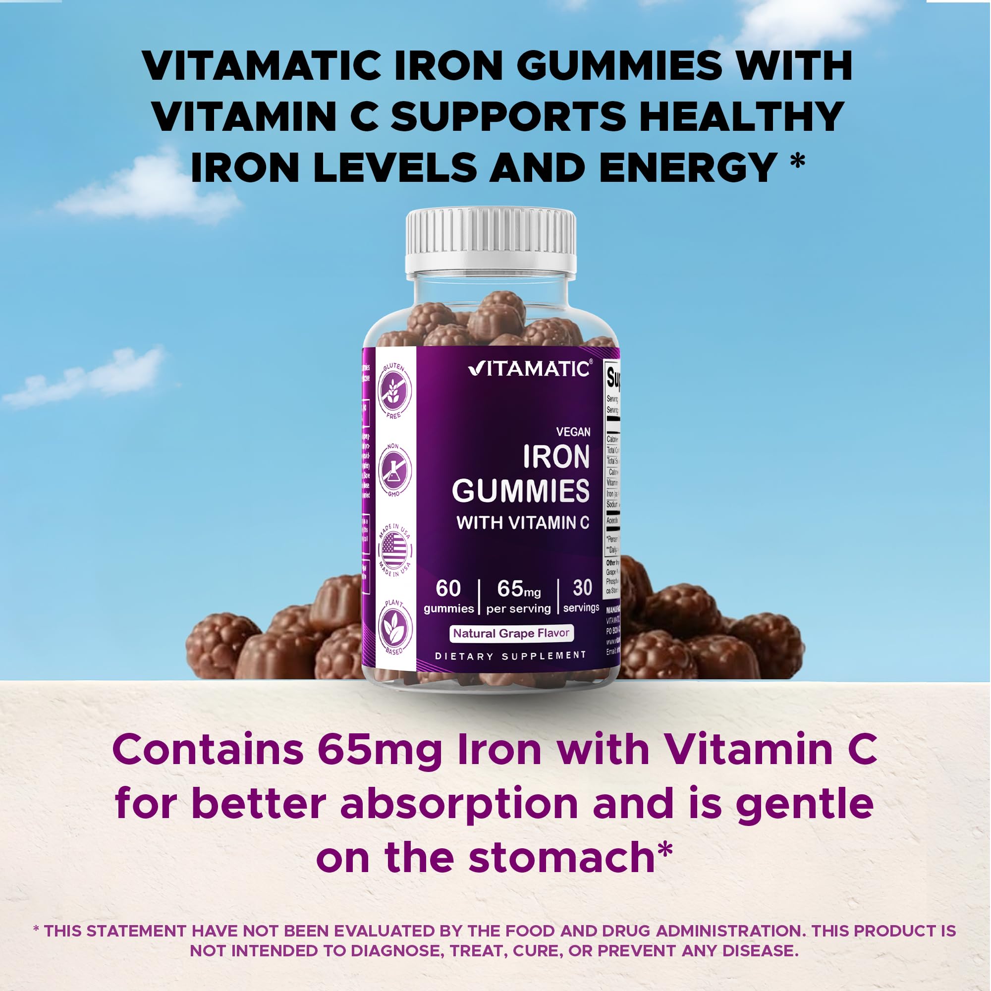 Vitamatic Iron 65 mg with Vitamin C - 60 Vegan Gummies, Made in USA — Amazon image 6