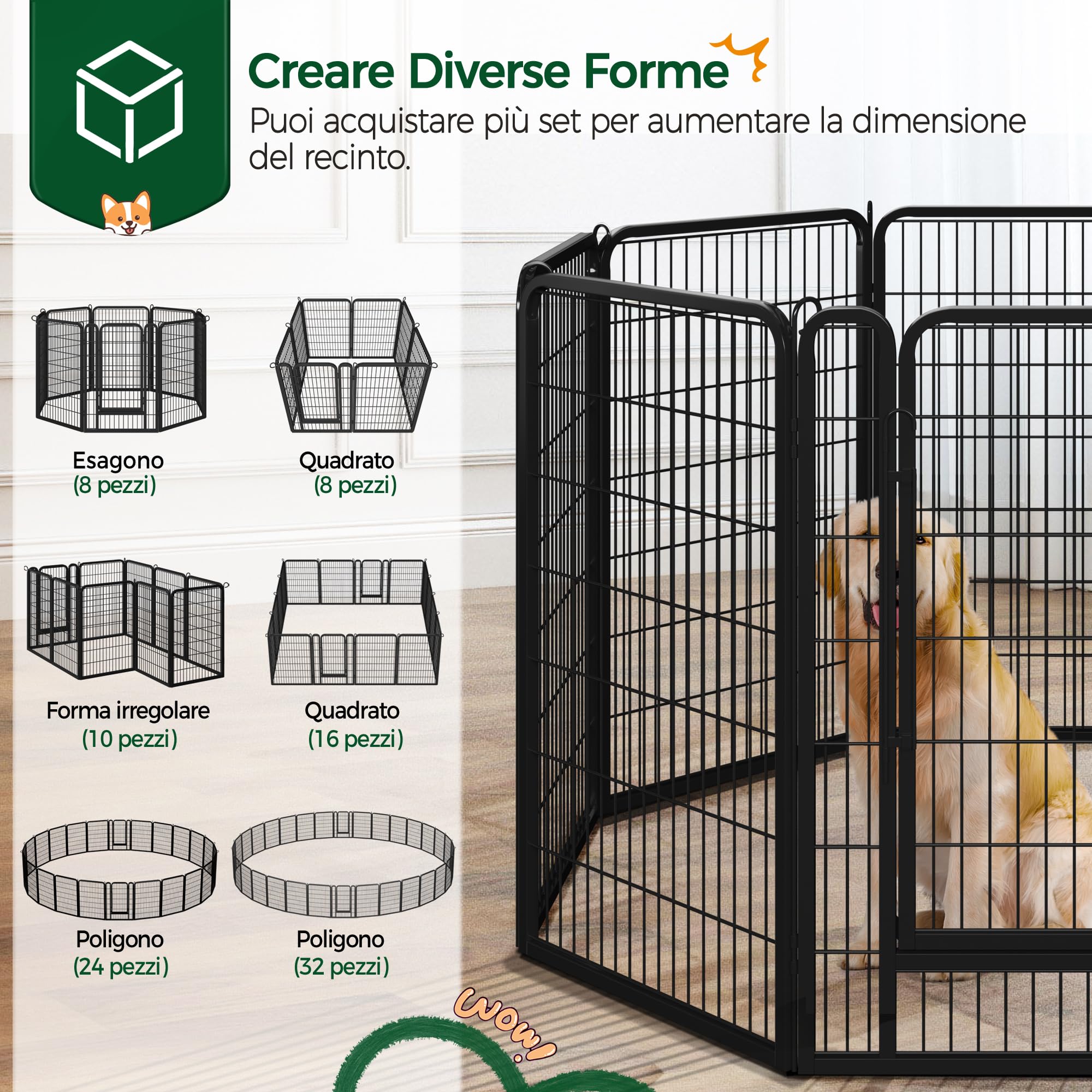 Yaheetech Recinto per Cani Grande 8 Pannelli 68 x 100 cm Conigli Animali Cuccioli per Casa da Interno Esterno Giardino in Ferro Recinzione Rete Metallica Pieghevole e Portatile Nero