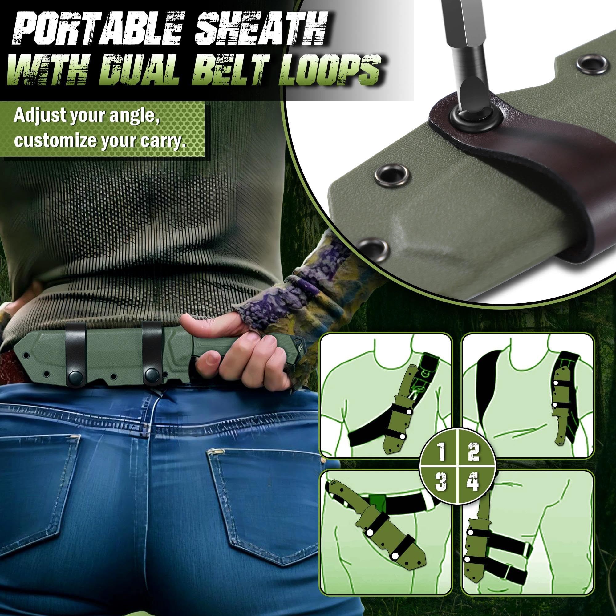 Dragon Creek Outdoor Messer feststehend-Tanto-Klinge,Ergonomischer Griff,Kydex-Scheide-Bushcraft Survival Einsatzmesser für Camping & Trekking(Grün)