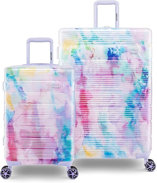 review Vacay Spotlight Clear Collections Hard Suitcase Set, 1 - 28” Checked Luggage + 1 - 20” Carry On Luggage, Airline Approved with Spinner Wheels, 2” Expandable, Bouquet Watercolor Print