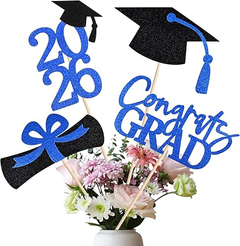 Juego de 20 decoraciones de fiesta de graduación 2025, centro de mesa de graduación de doble cara con purpurina para mesas, mesas, accesorios de