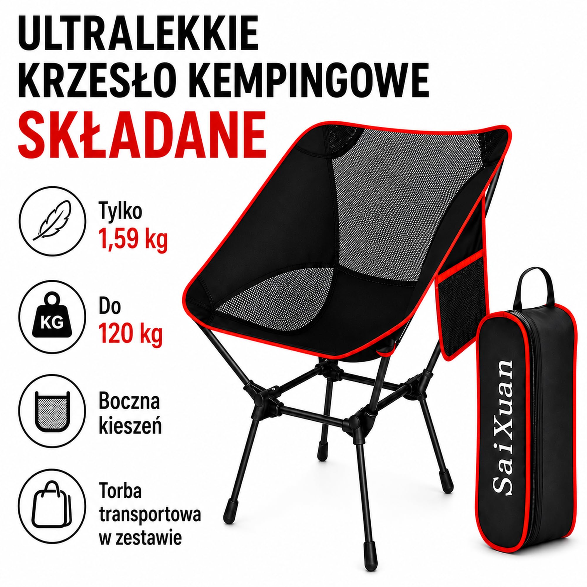 Składane Krzesło Kempingowe Przenośne do 120 kg, Moon Chair z Tkaniny 900D z Kieszenią Boczną i Torbą, na Plażę Wędkowanie Piknik Ogród Camping