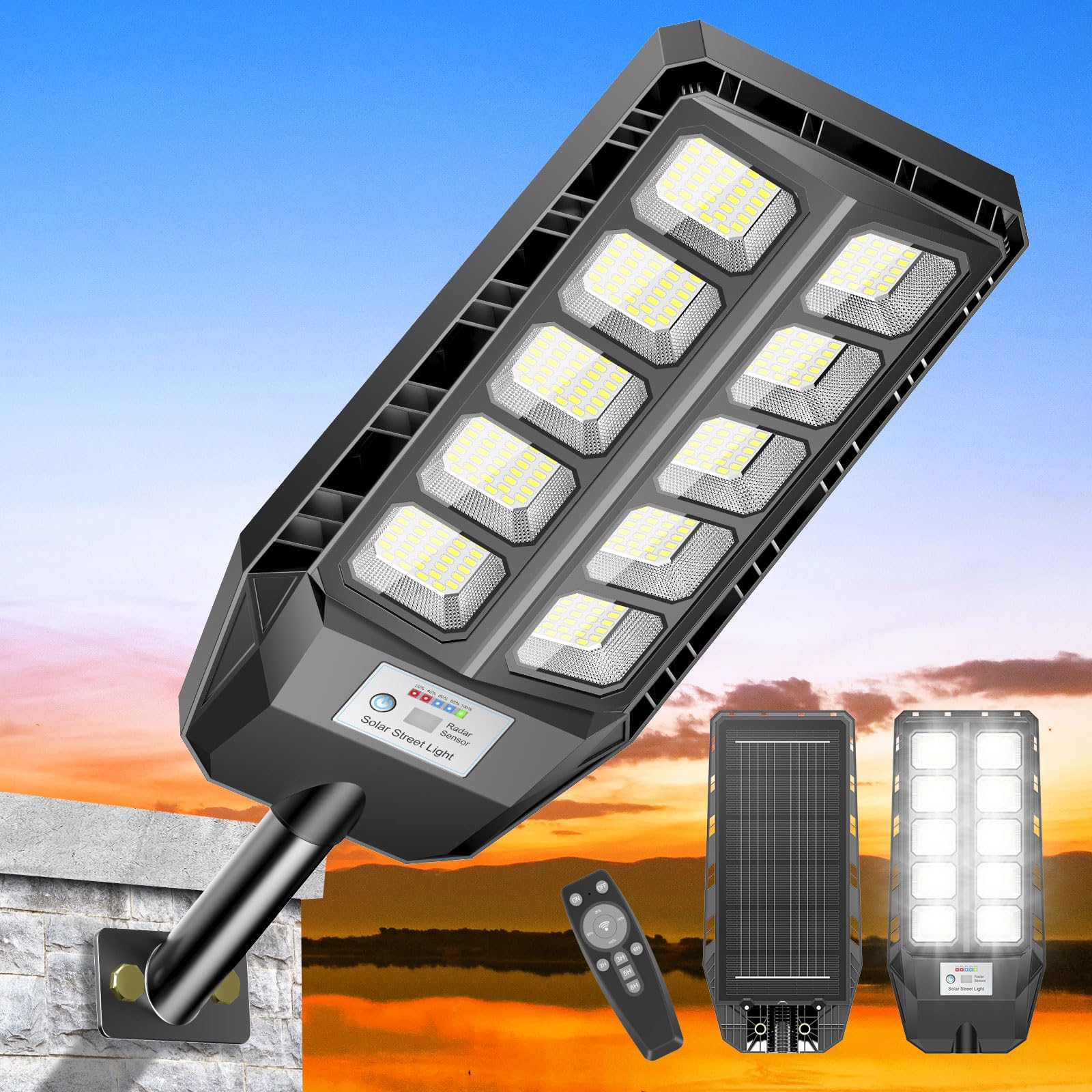 Adewalk Lampione Solare LED da Esterno con Telecomando, 330 LED, 7000mAh, Sensore di Movimento, IP66 Impermeabile, 3 Modalità, Lampada Stradale Solare per Giardino, Garage e Strada