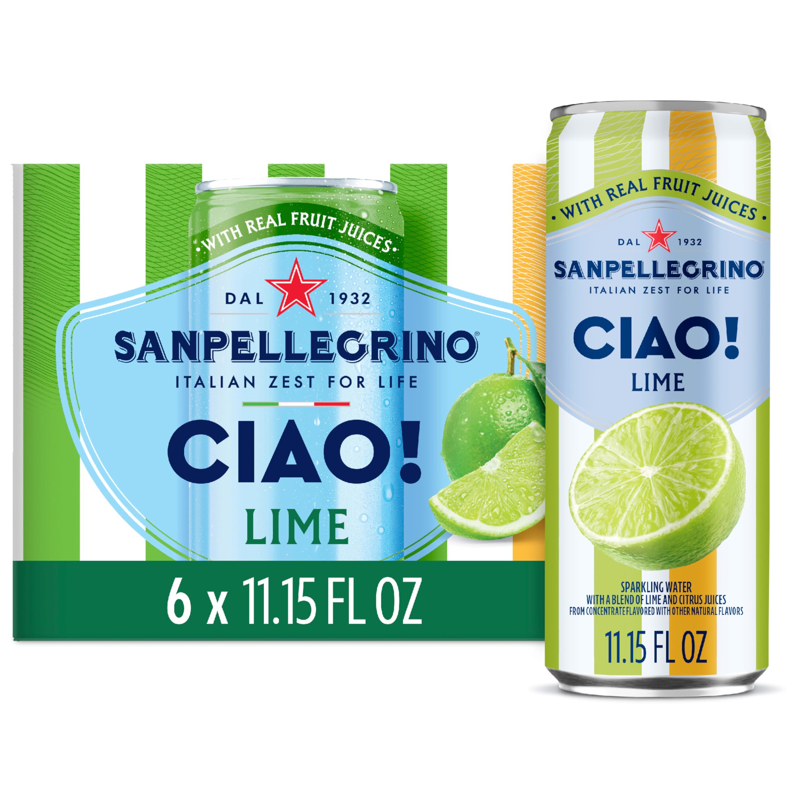 Sanpellegrino CIAO! Lime Sparkling Water, Low-Calorie Italian Sparkling Water with Real Fruit Juices, 0g Added Sugar, 6-Pack