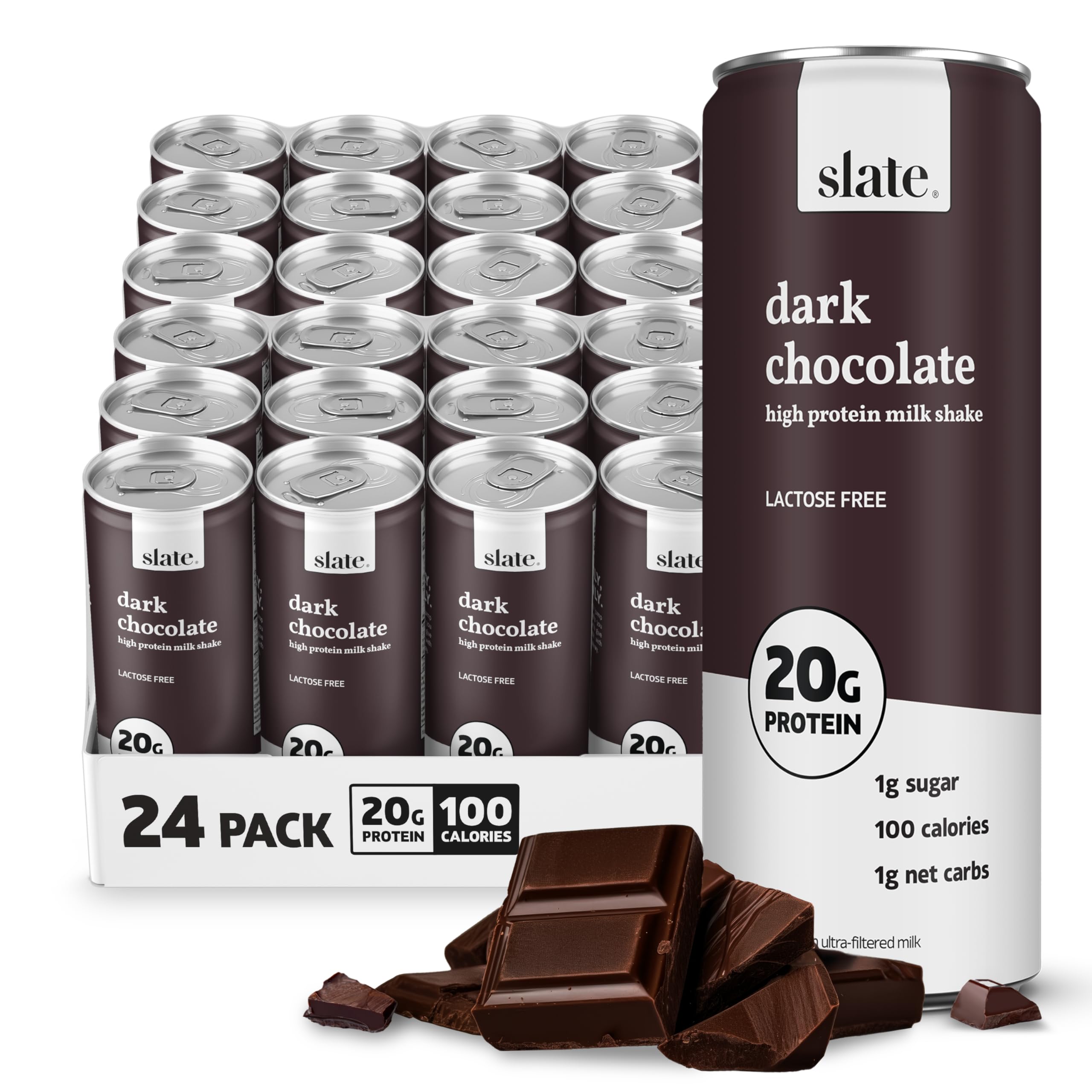 Slate Milk - High Protein Milk Shake - Dark Chocolate - Lactose Free, 20g Protein, 1g Sugar, 100 Calories, 1g Net Carbs, No Added Sugar - Natural, Breakfast Boost, Post Workout - 11 fl oz, 24 Cans