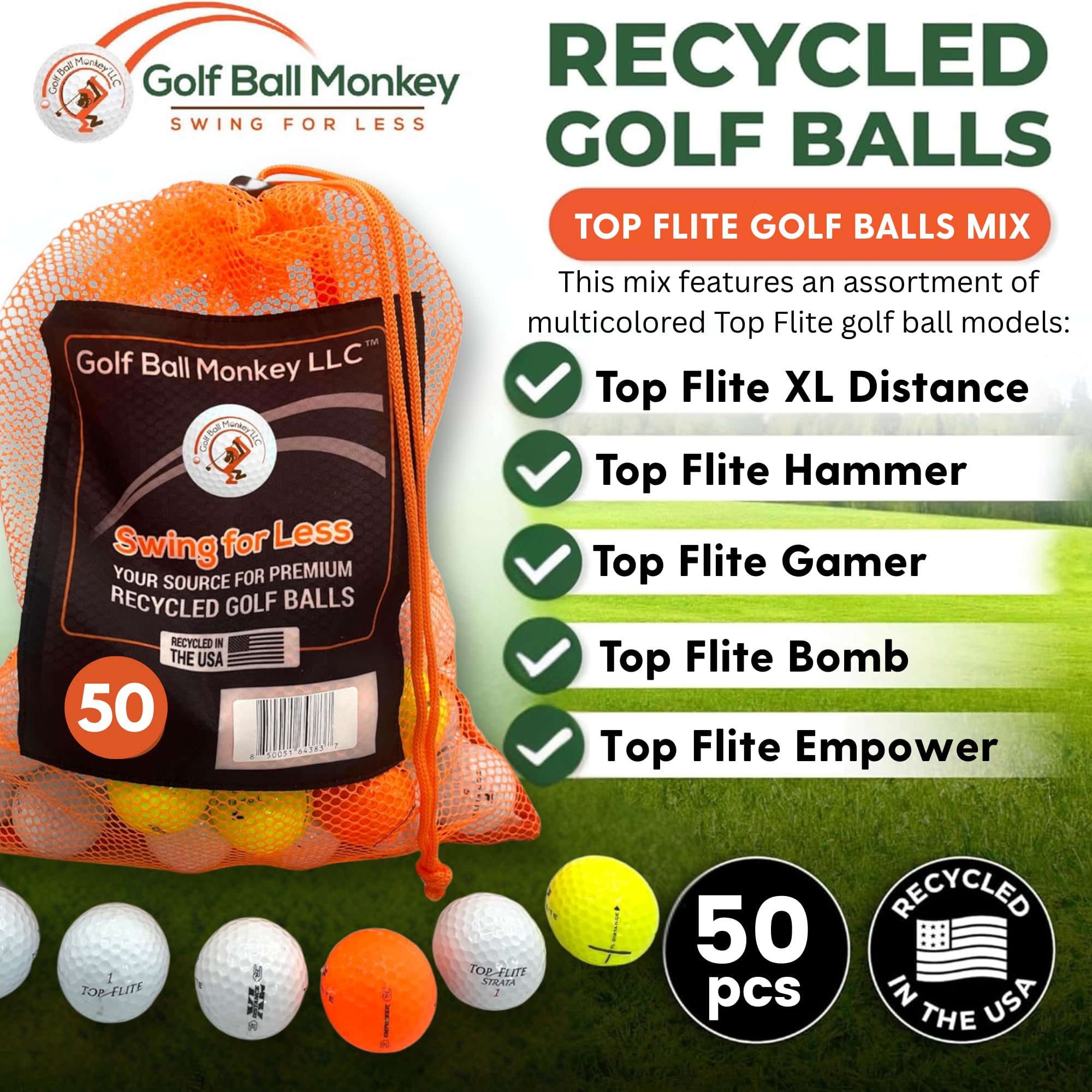 Golf Ball Monkey Pelotas de golf recicladas para Top Flite Mix - 50, 3A Multicolor