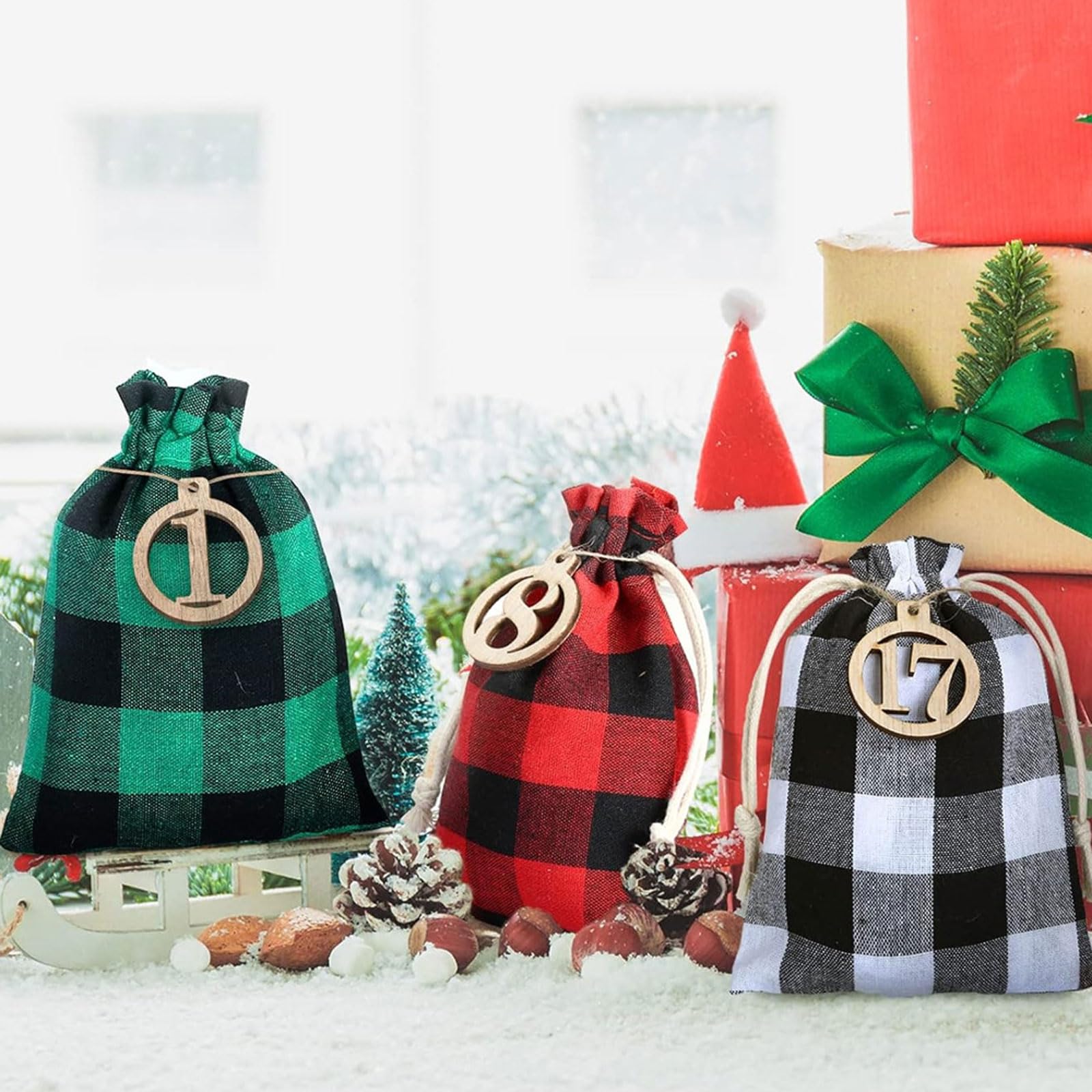 24 szt. Torby do pakowania cukierków, torby na ciasteczka ze sznurkiem, torebki słodycze upominki przyjęcie świąteczne, Christmas Party(Christmas Pattern Plaid (3 Pieces Each in 8 Styles)