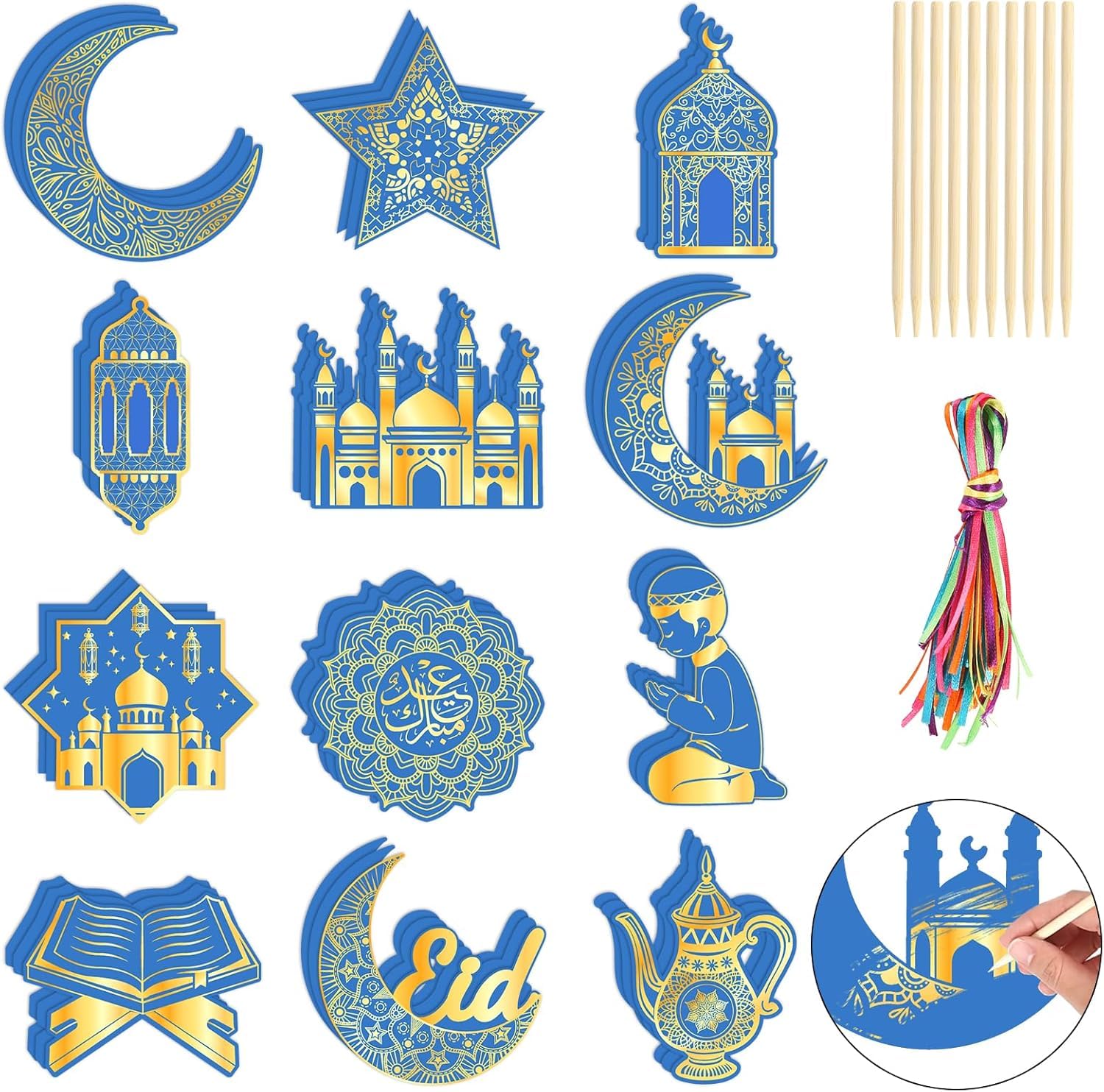 HOWAF 36pcs Eid Mubarak Scratch Cards Art Kit, Eid Gift Scratch Off Hanging Card for Eid Holiday Activity School DIY Drawing Project Supplies, Eid