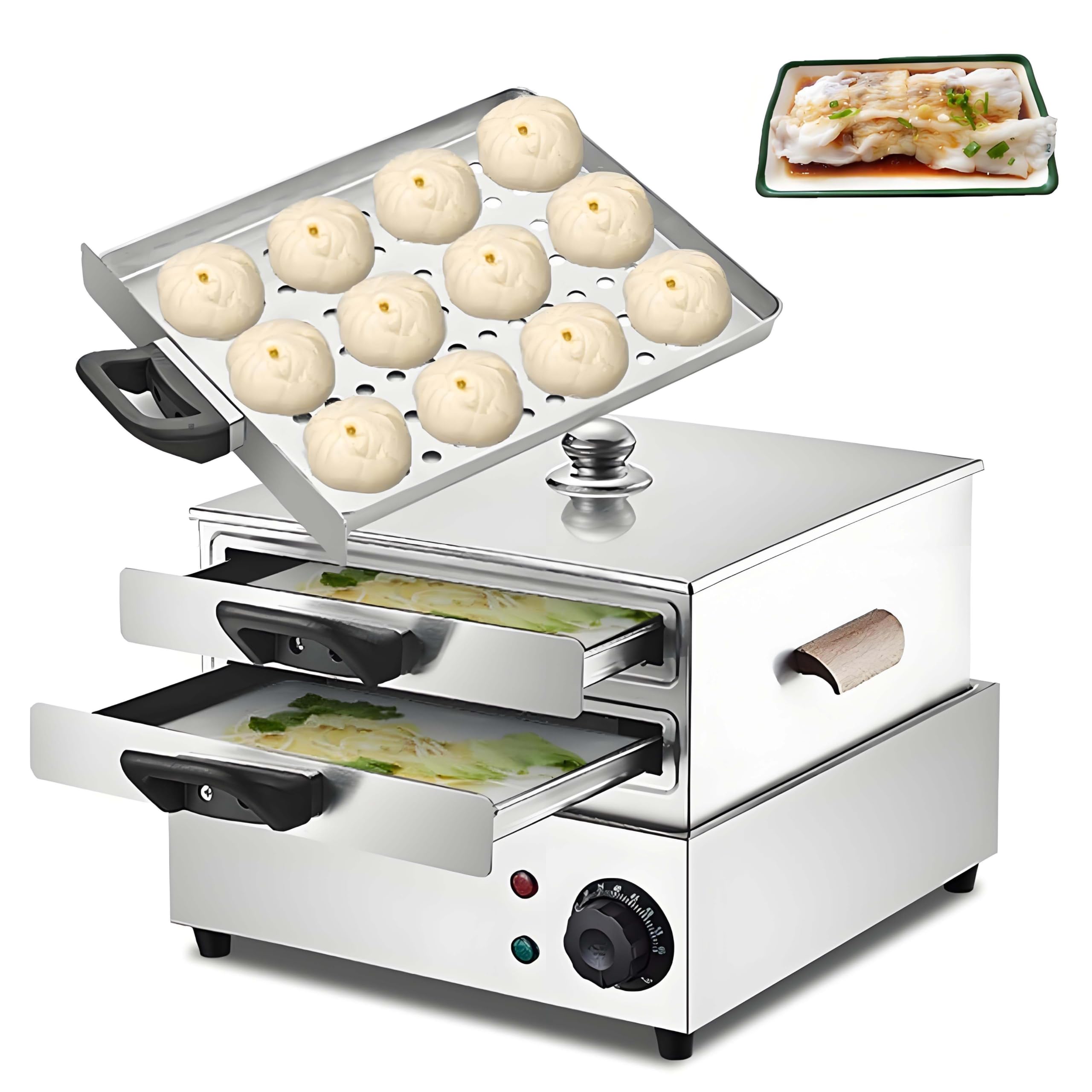 GUTYGIO Rice Noodle Rolls Machine, Manual Food Cooker with Anti Scald Handle Removable Tray, 2 Tier 304 Stainless Steel Rice Noodle Roll Maker Machine for Home Market Kitchen Outdoor