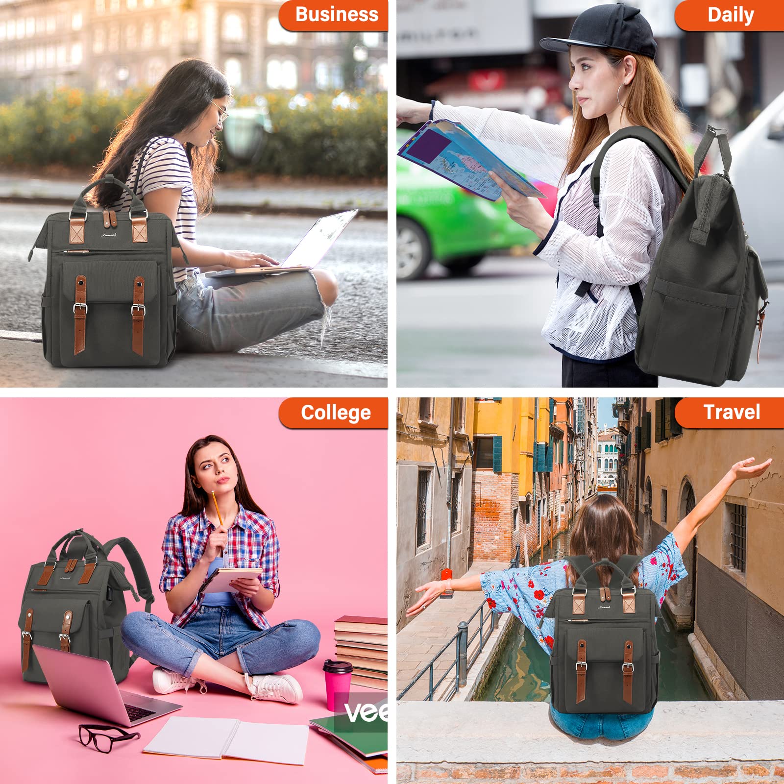 LOVEVOOK Zaino porta PC Donna, Impermeabile Zaino Donna Università con Borsa per Cavo Dati, Zaini Multifunzione Computer Capiente da Viaggio Lavoro Scuola Affari Ufficio