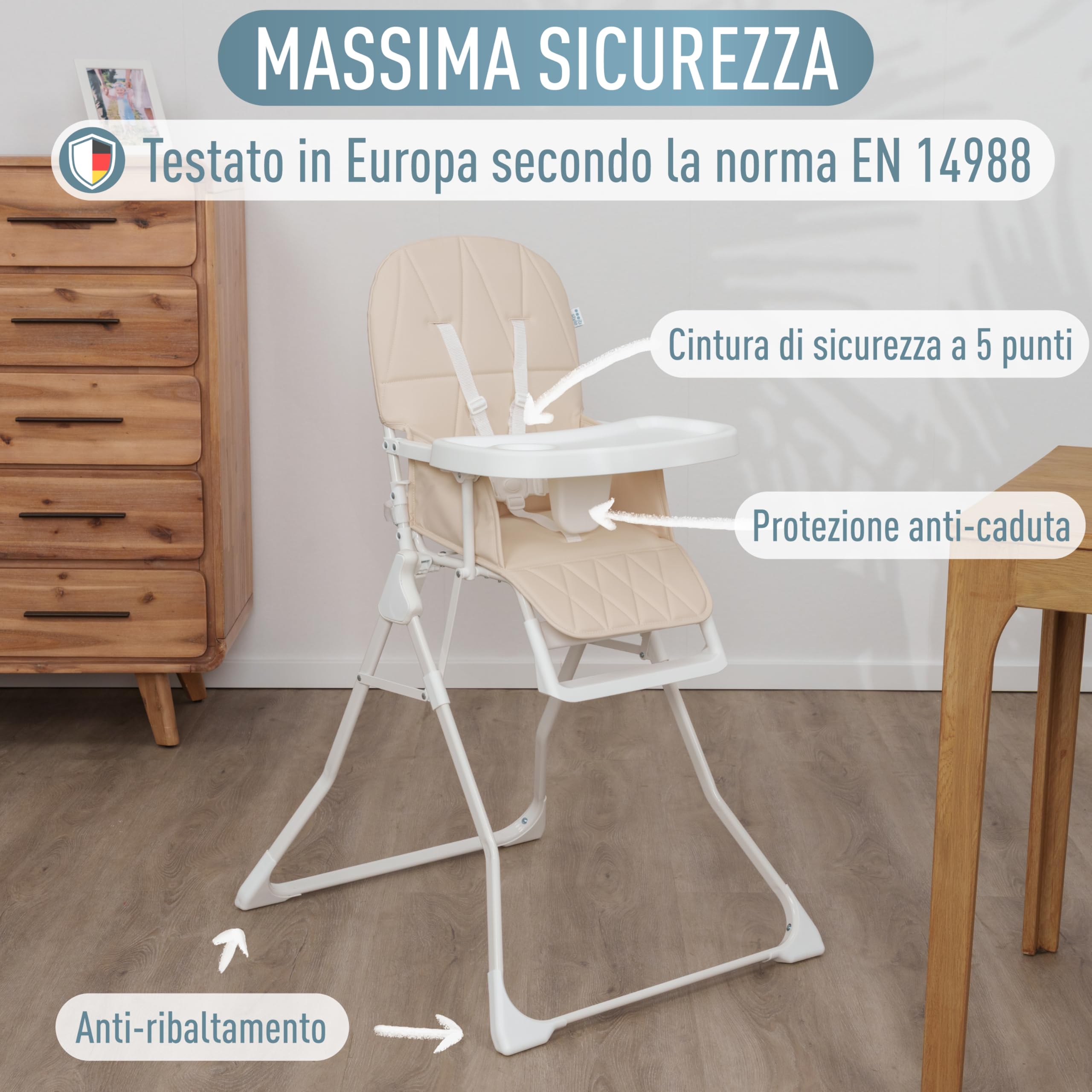 IB STYLE Seggiolone Pappa Leno - Seggiolone Pieghevole e Salvaspazio, Evolutivo con Vassoio e Poggiapiedi, Cintura a 5 Punti, Seduta Imbottita, Facile da Pulire, da 6 Mesi a 3 Anni (15 kg), Beige