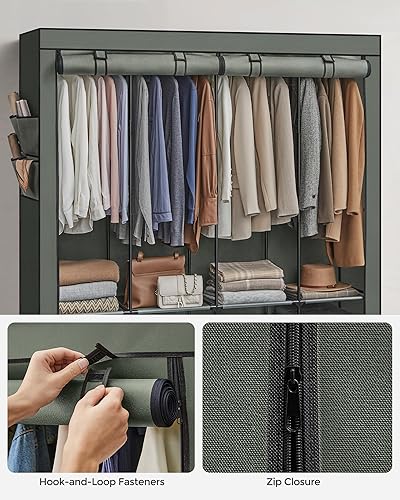 Miniatura 7 de SONGMICS Armario portátil, organizador de armario con tapa, 4 varillas para colgar y estantes, 4 bolsillos laterales, 66.9 x 17.7 x 65.7 pulgadas,