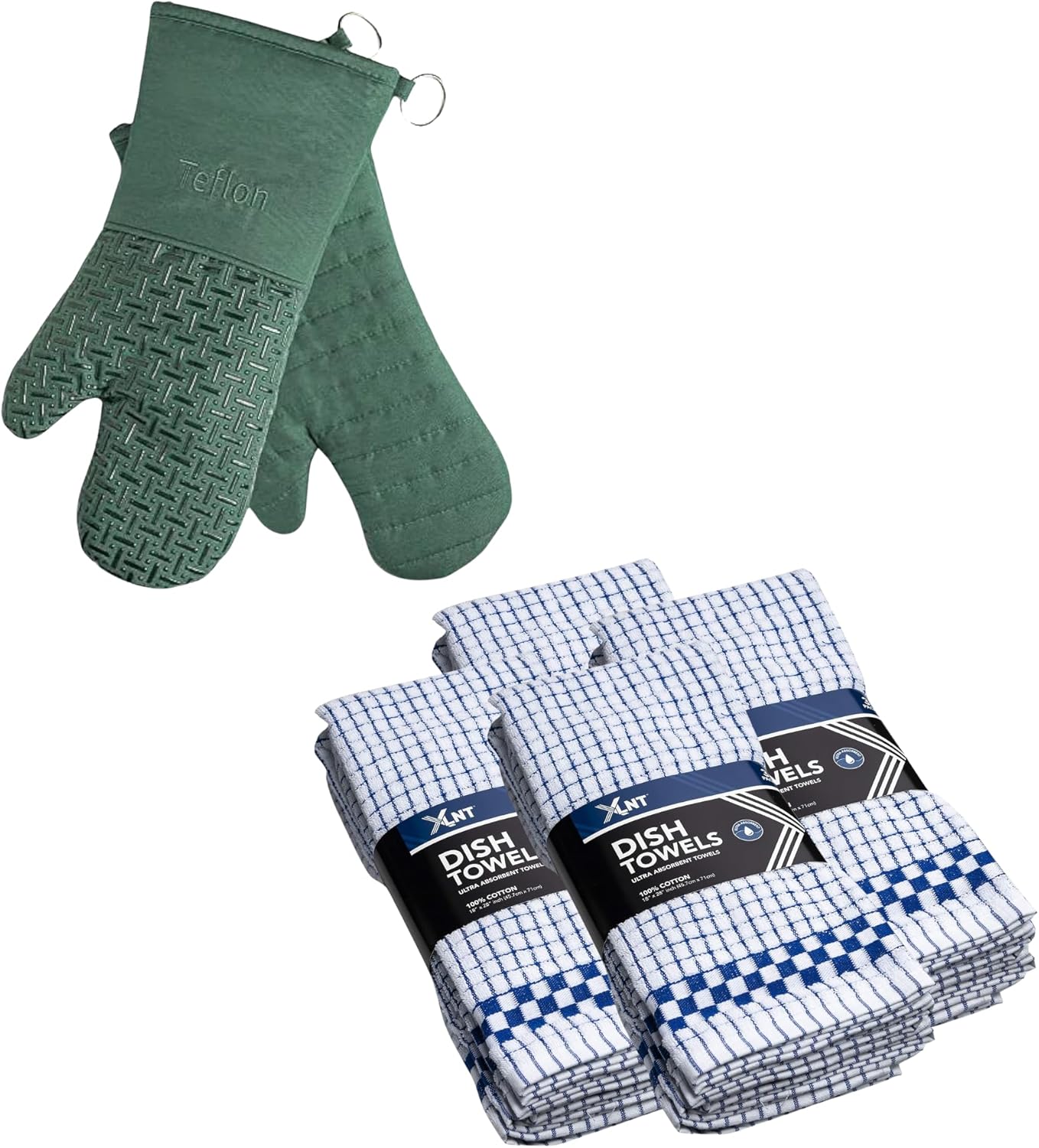 XLNT Green Extra Long Oven Mitts with Blue Highly Absorbent Kitchen Dish Towels - 12 Pack | Teflon EcoElite Water Repellent | Heat Resistant for Oven Cooking, Grill & BBQ | Non Slip Gloves