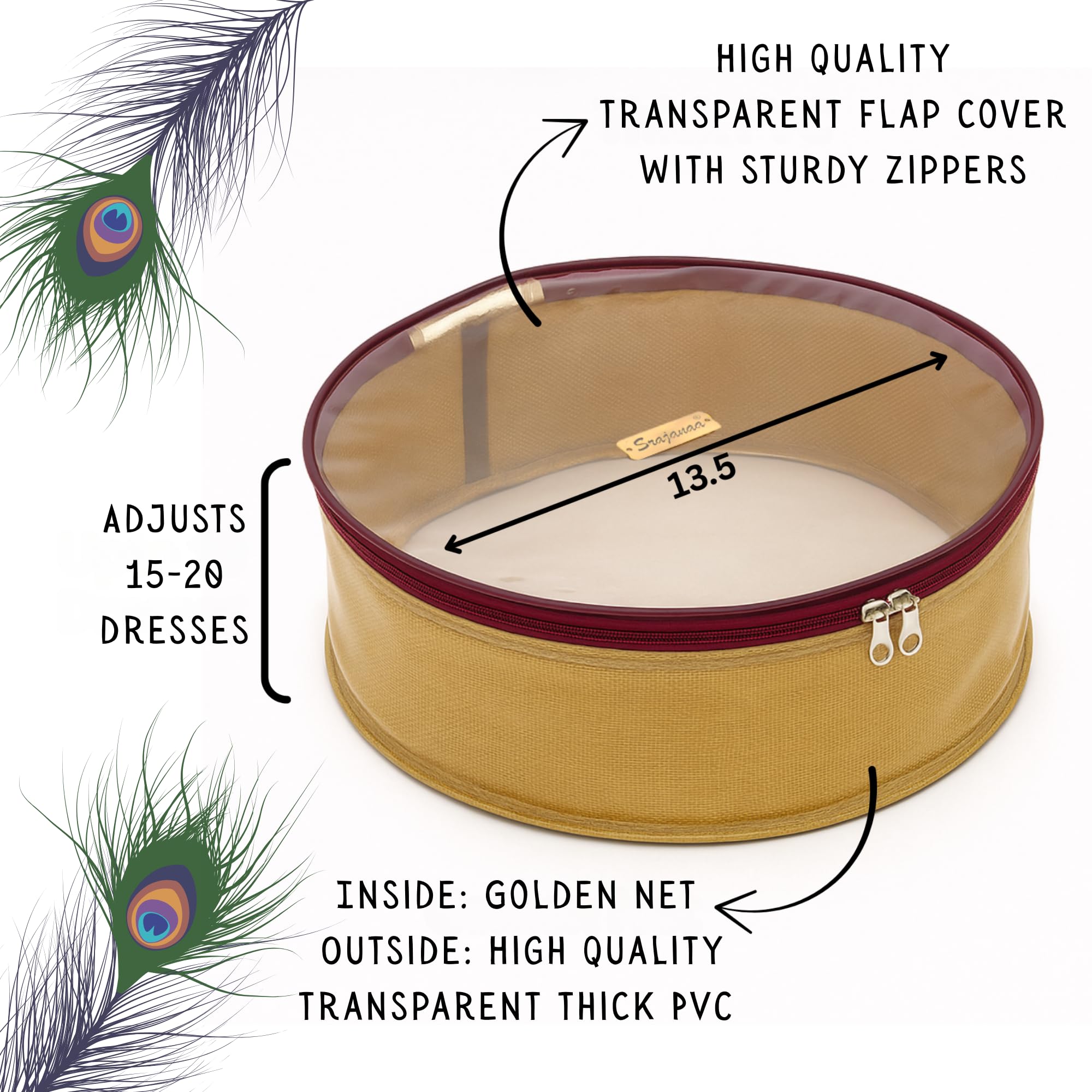 SRAJANAA Laddu Gopal Pooja Clothes Organizer Bag | 13.5 Inch Round PVC Storage Box with Transparent Zipper Lid | Jewellery, Dress, Bangle & Ornaments Holder for Wardrobe & Temple Use